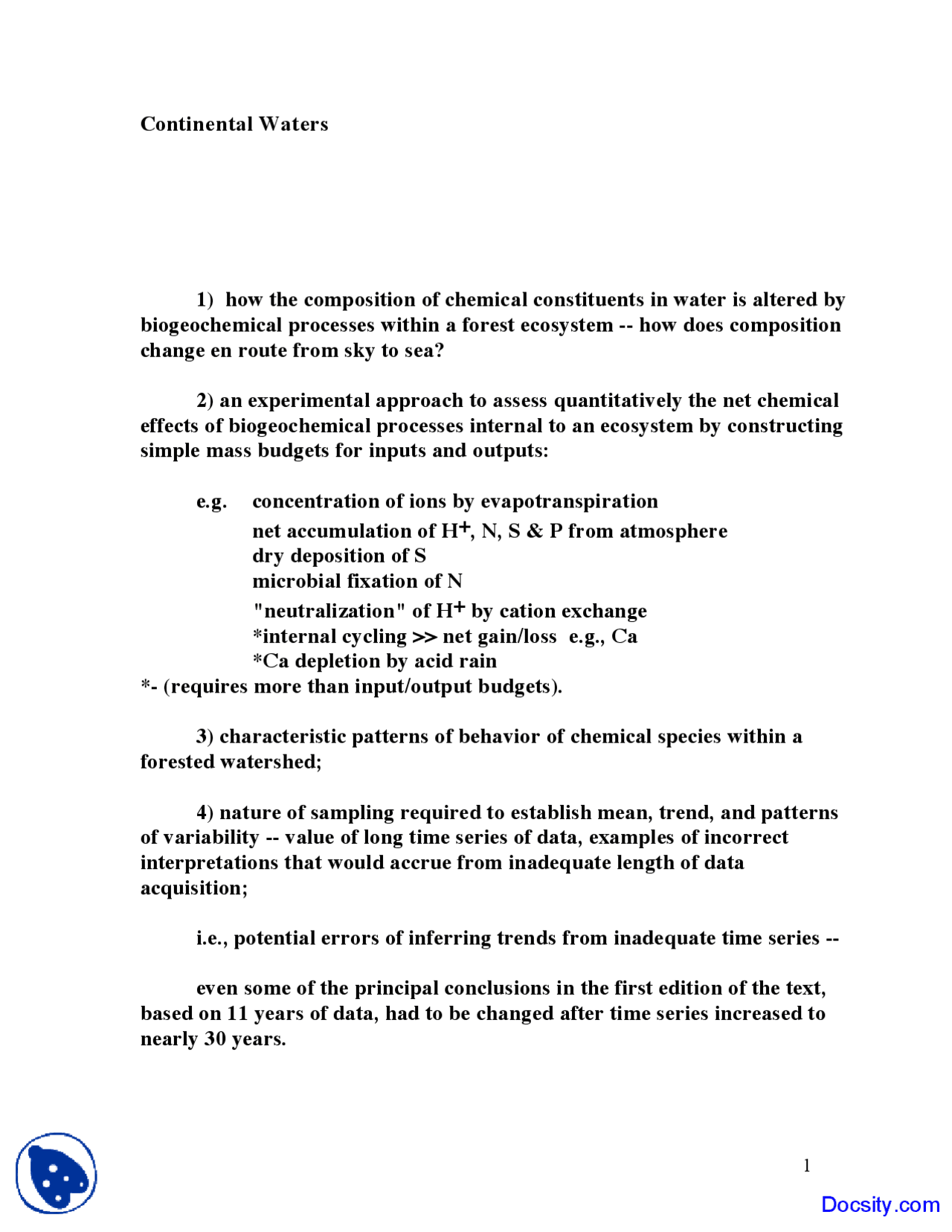 Continental Waters - Geochemistry - Lecture Notes | Study notes ...