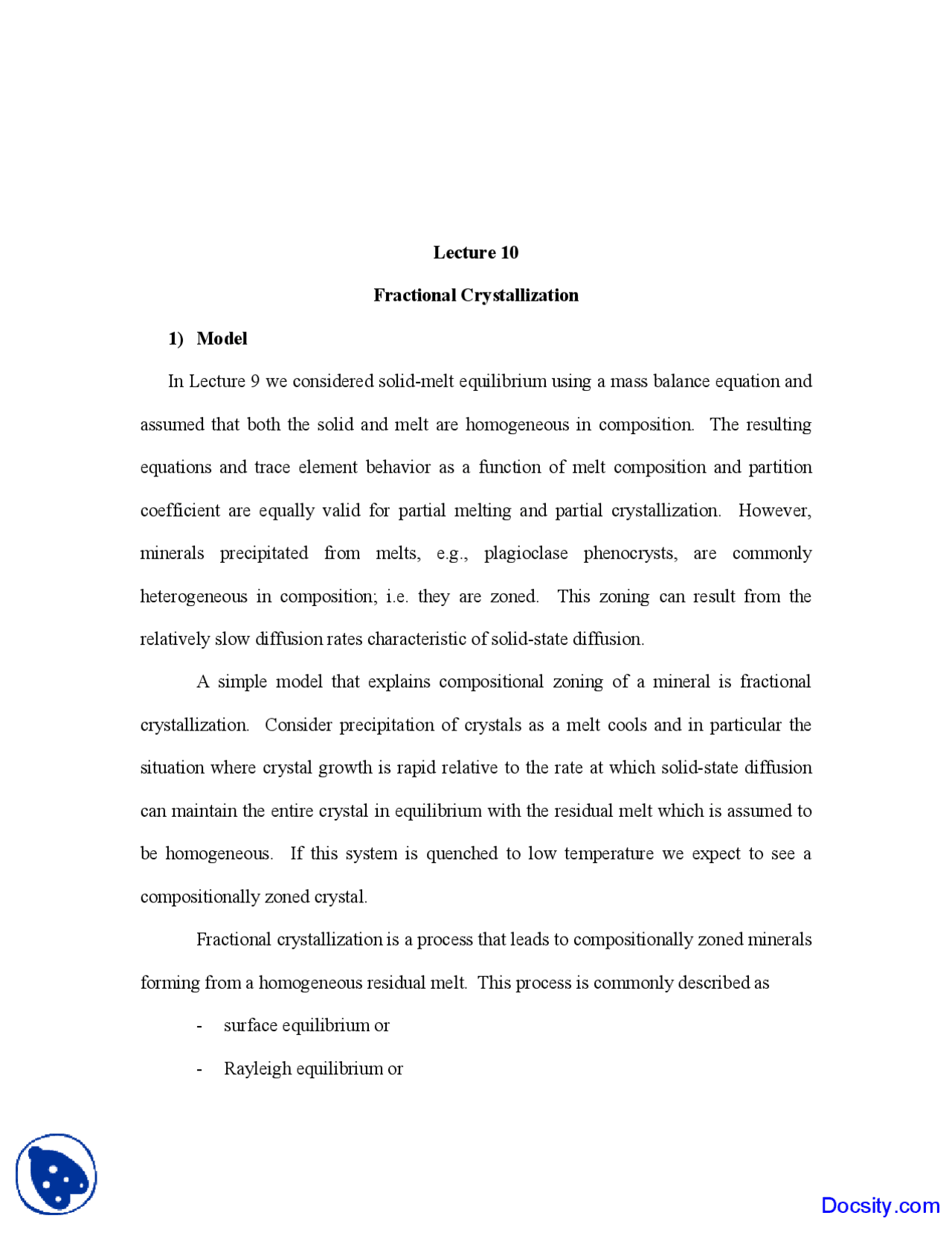 Fractional Crystallization - Geochemistry - Lecture Notes - Docsity