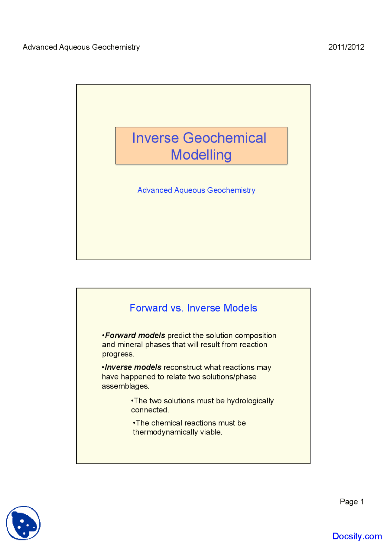 Inverse Modelling - Geochemistry - Lecture Slides - Docsity
