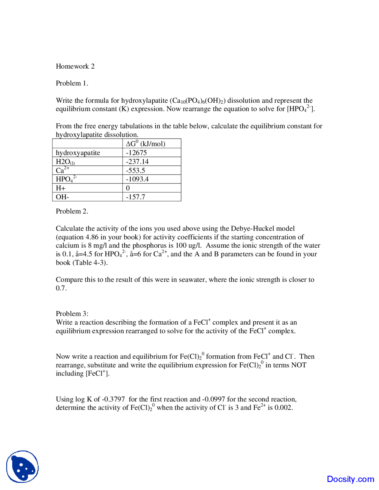 Hydroxylapatite Geochemistry Home Work Docsity