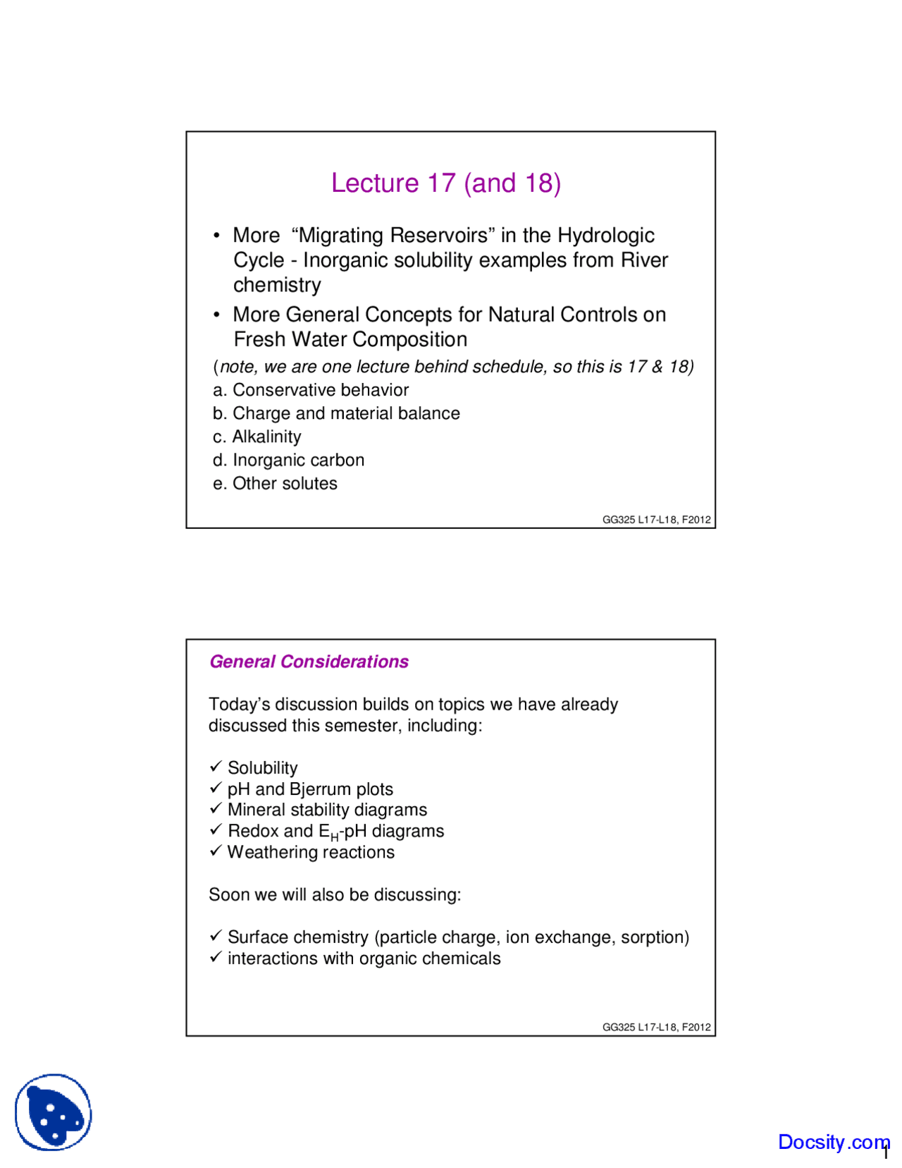Inorganic solubility - Geochemistry - Lecture Slides - Docsity