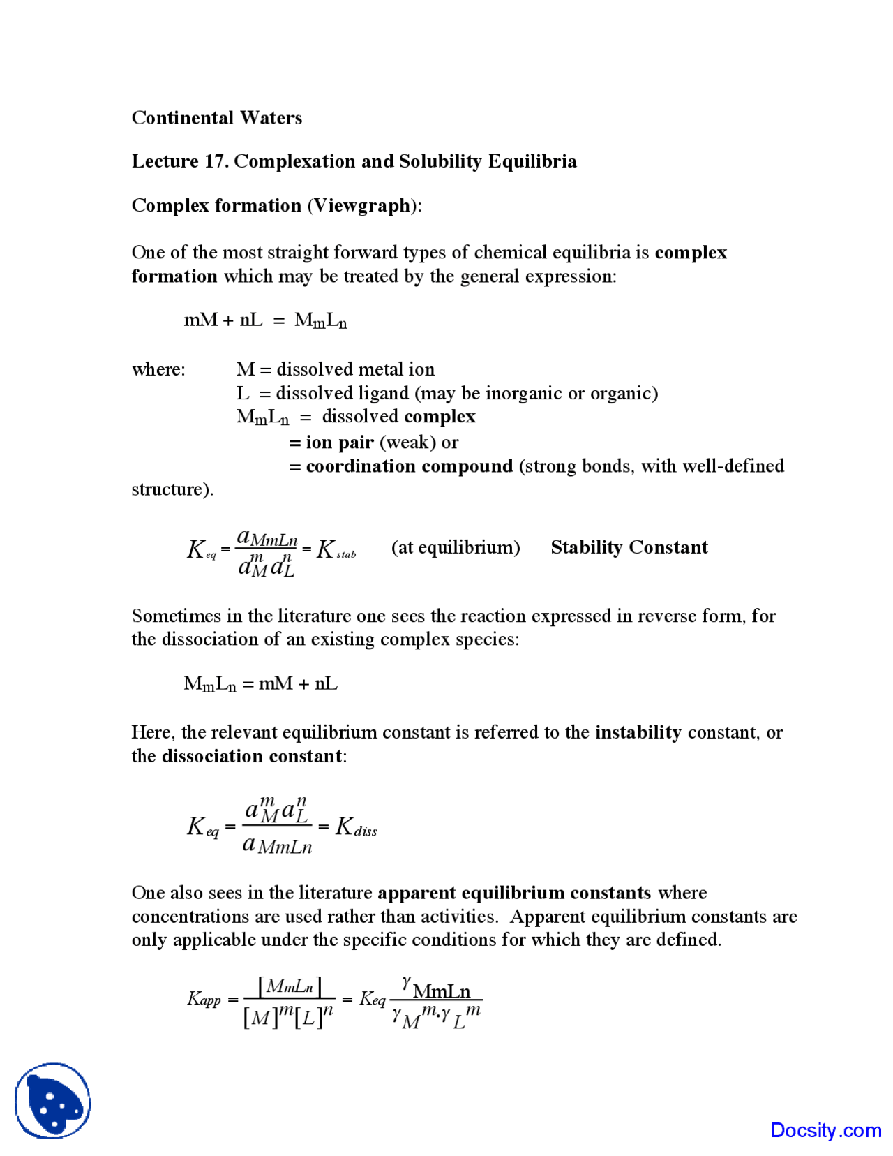 Complexation And Its Classification Notes Complexation - Geochemistry - Lecture Notes - Docsity