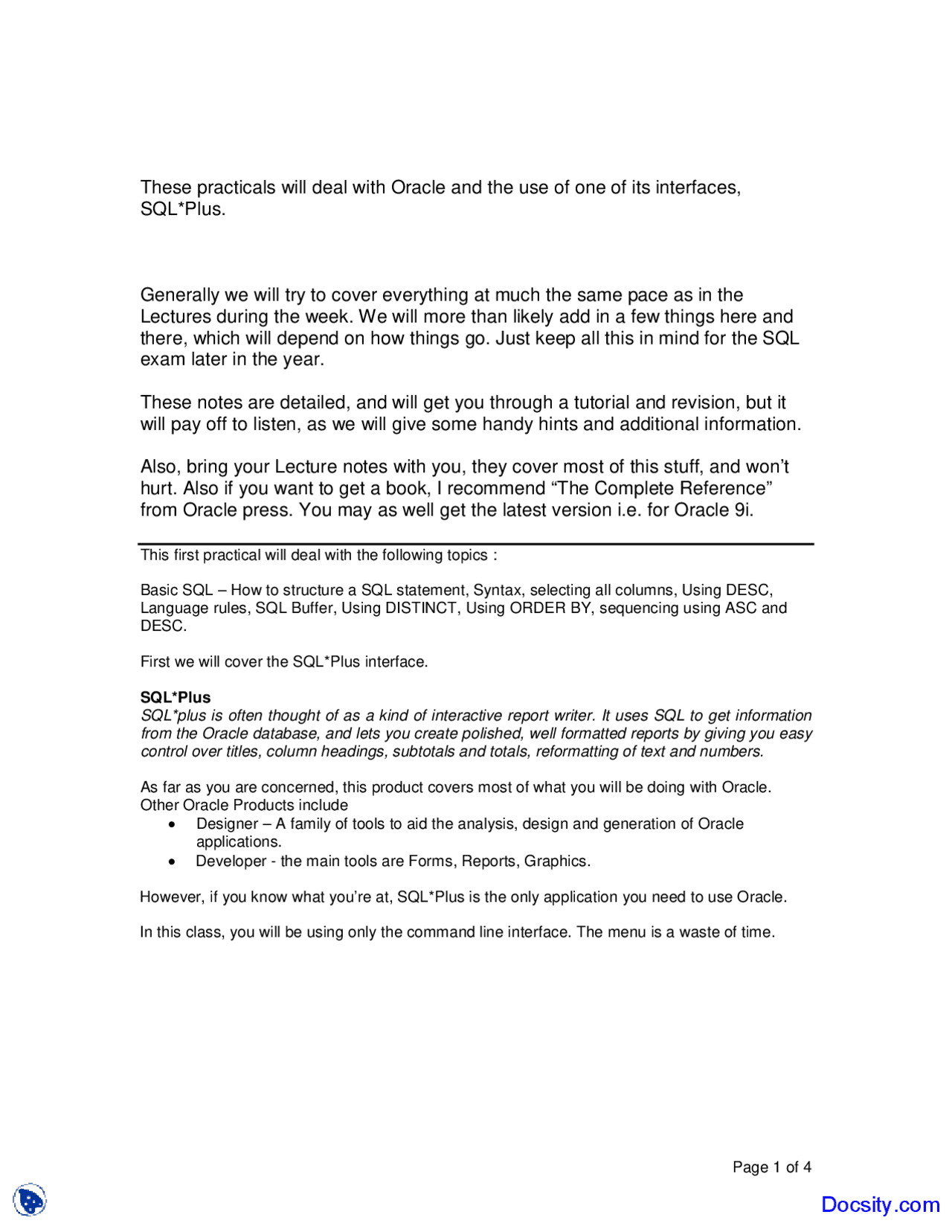 Basic SQL - Buisness Management - Lecture Notes - Docsity