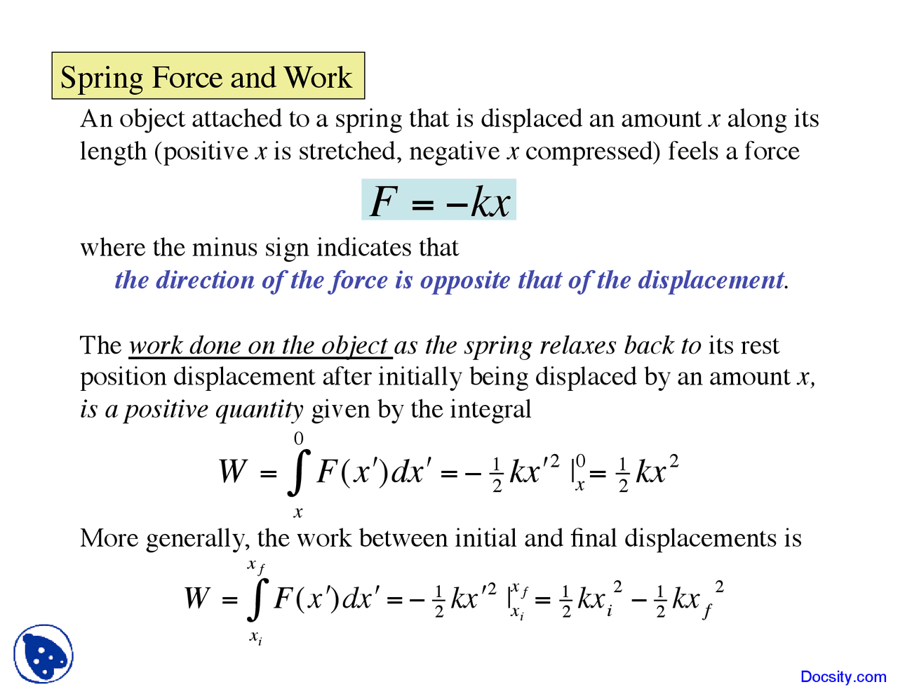 Spring Force - General Physics I - Lecture Slides - Docsity