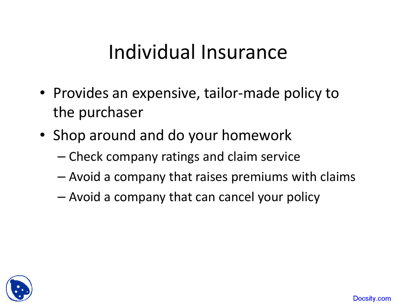 Individual Insurance - E-Commerce - Lecture Slides - Docsity