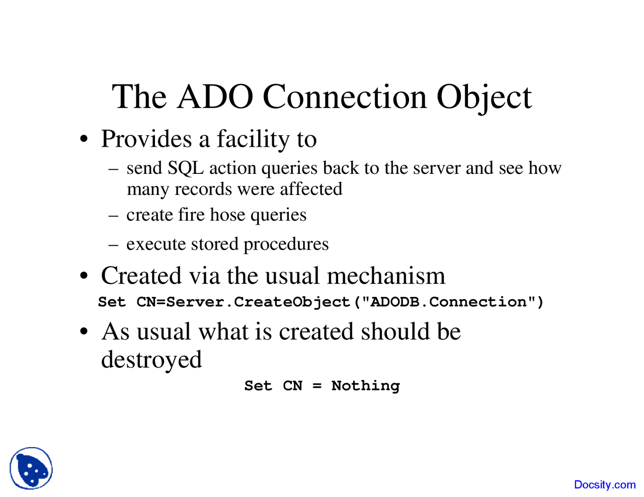 Connection Object - E-Commerce - Lecture Slides - Docsity
