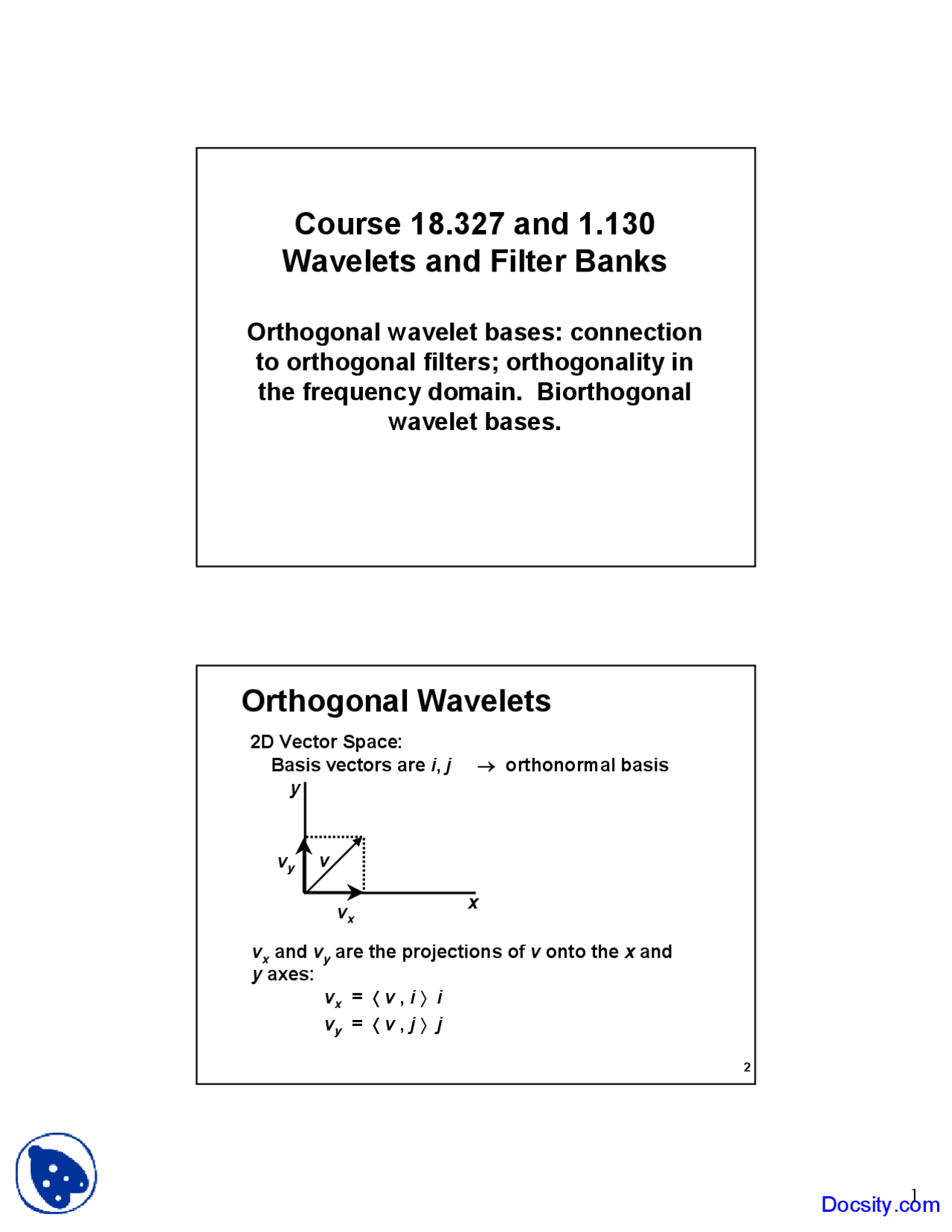 Orthogonal Wavelet Bases - Banking - Lecture Slides - Docsity