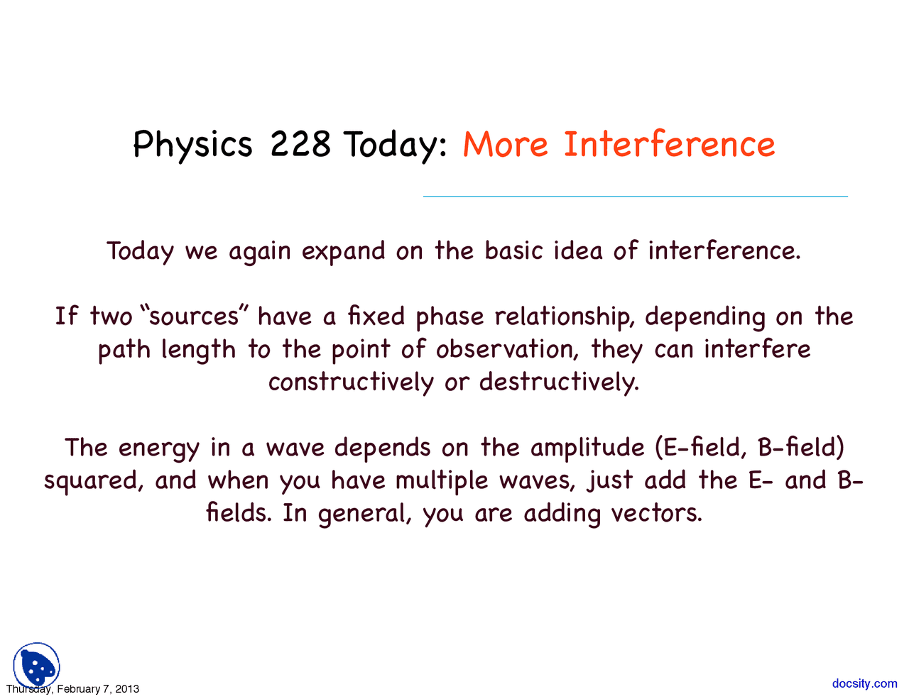 Interference, Intensity - Optics and Modern Physics - Lecture Slides ...