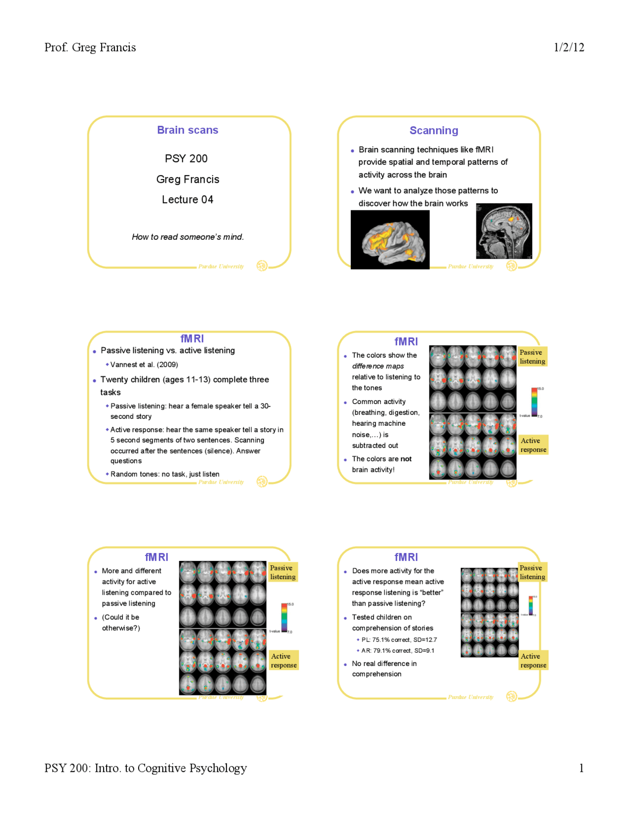 Brain Scanning - Introduction to Cognitive Psychology - Lecture Slides ...