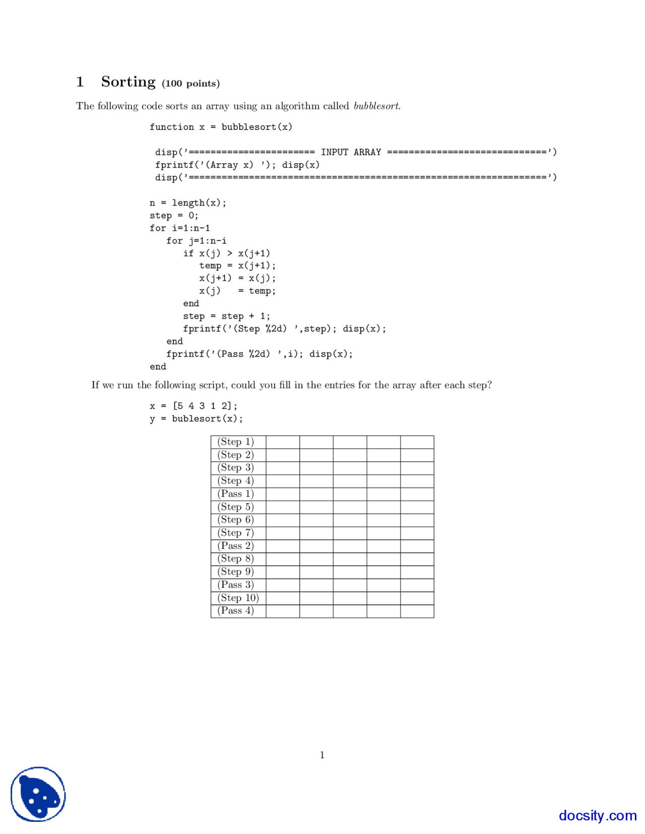 Sorting - Fundamental Programming Concepts - Quiz - Docsity