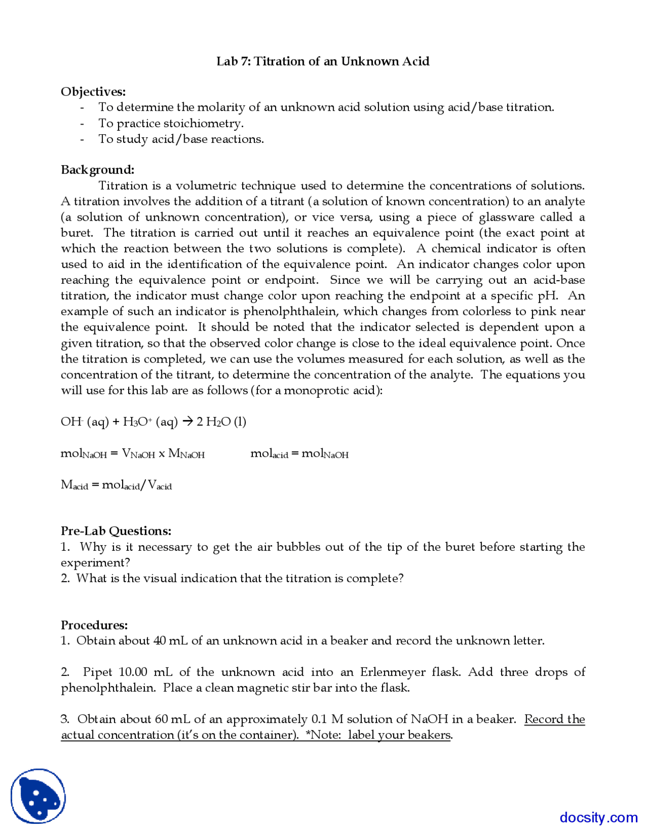 Titration General Chemistry Lab Handout Docsity