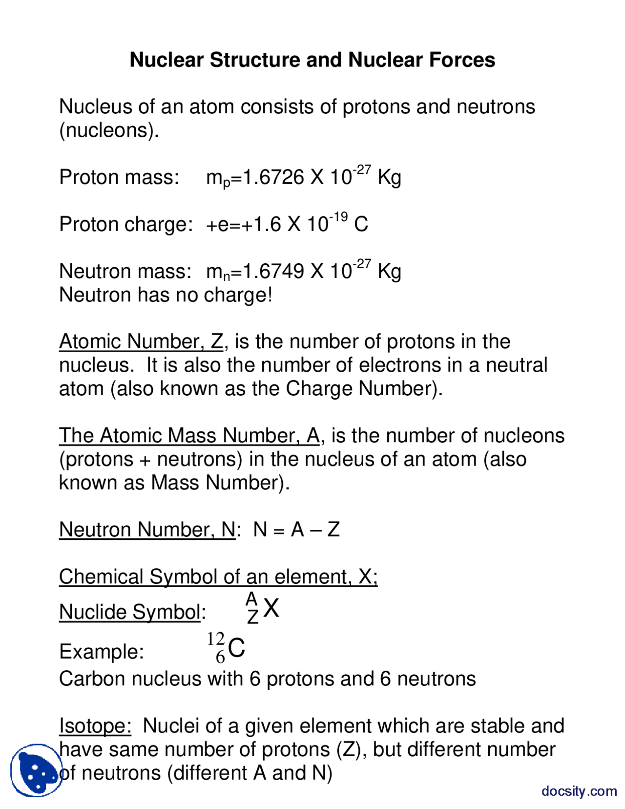 Nuclear Structure and Nuclear Forces - General Physics - Lecture Notes |  Study notes Physics | Docsity