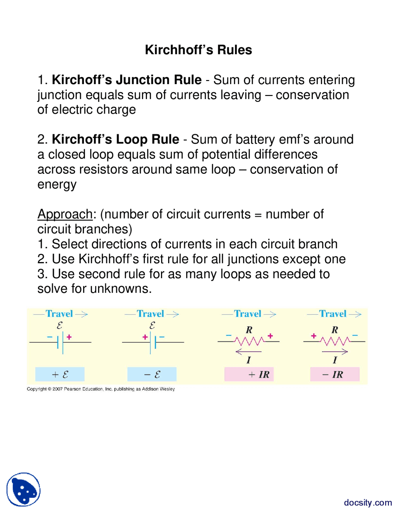 Kirchoff’s Junction Rule - General Physics - Lecture Notes - Docsity