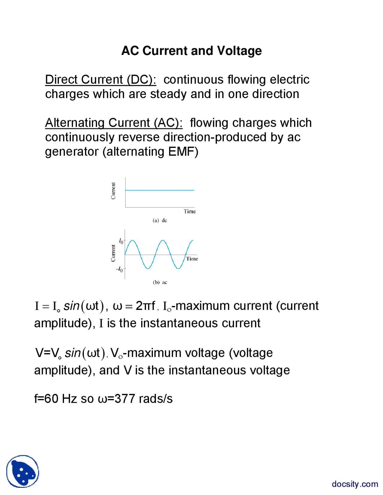 Ac Current Basics AC Current and Voltage - General Physics - Lecture Notes - Docsity