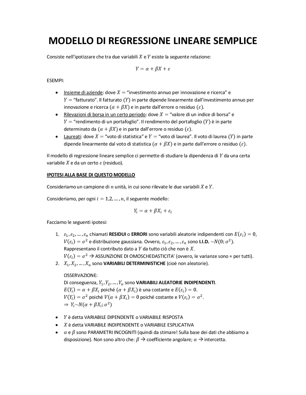 3. MODELLO DI REGRESSIONE LINEARE SEMPLICE - Docsity