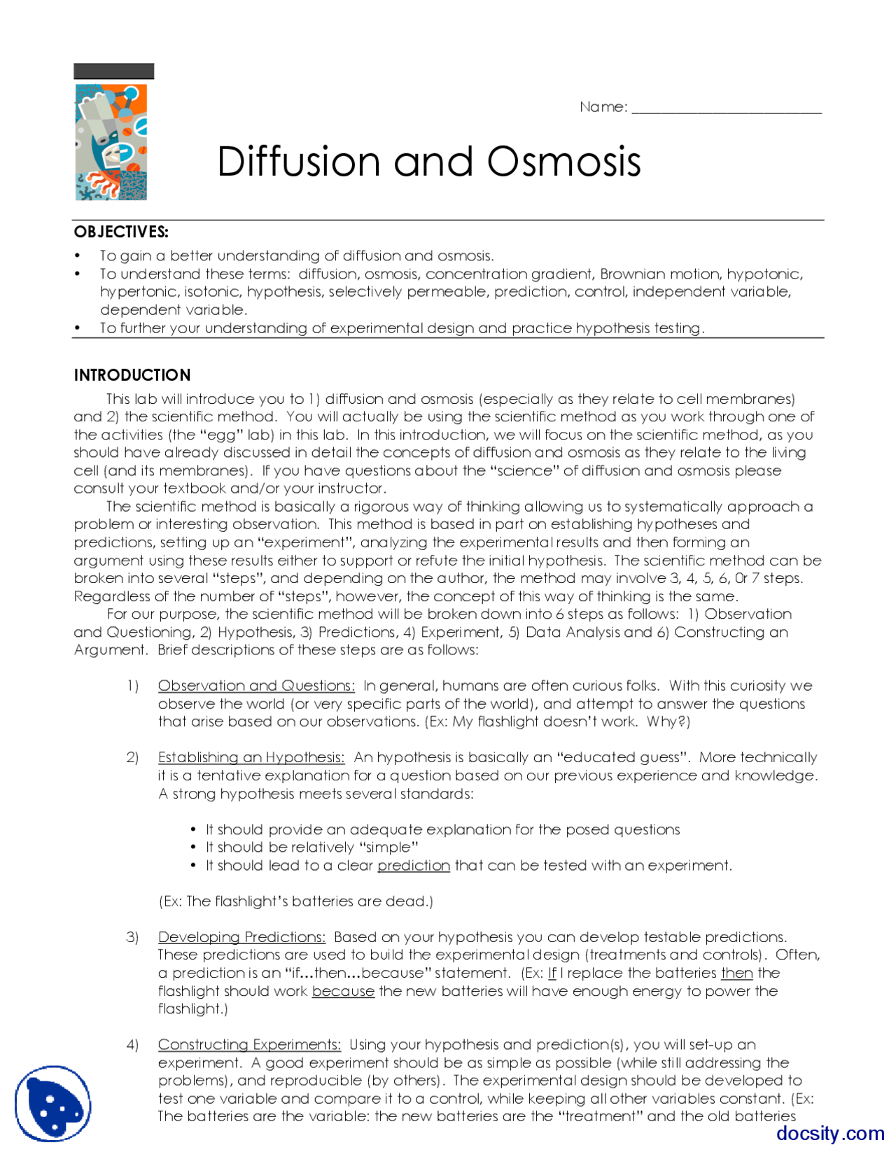 Osmosis Biology Lab Handout Exercises Biology Docsity