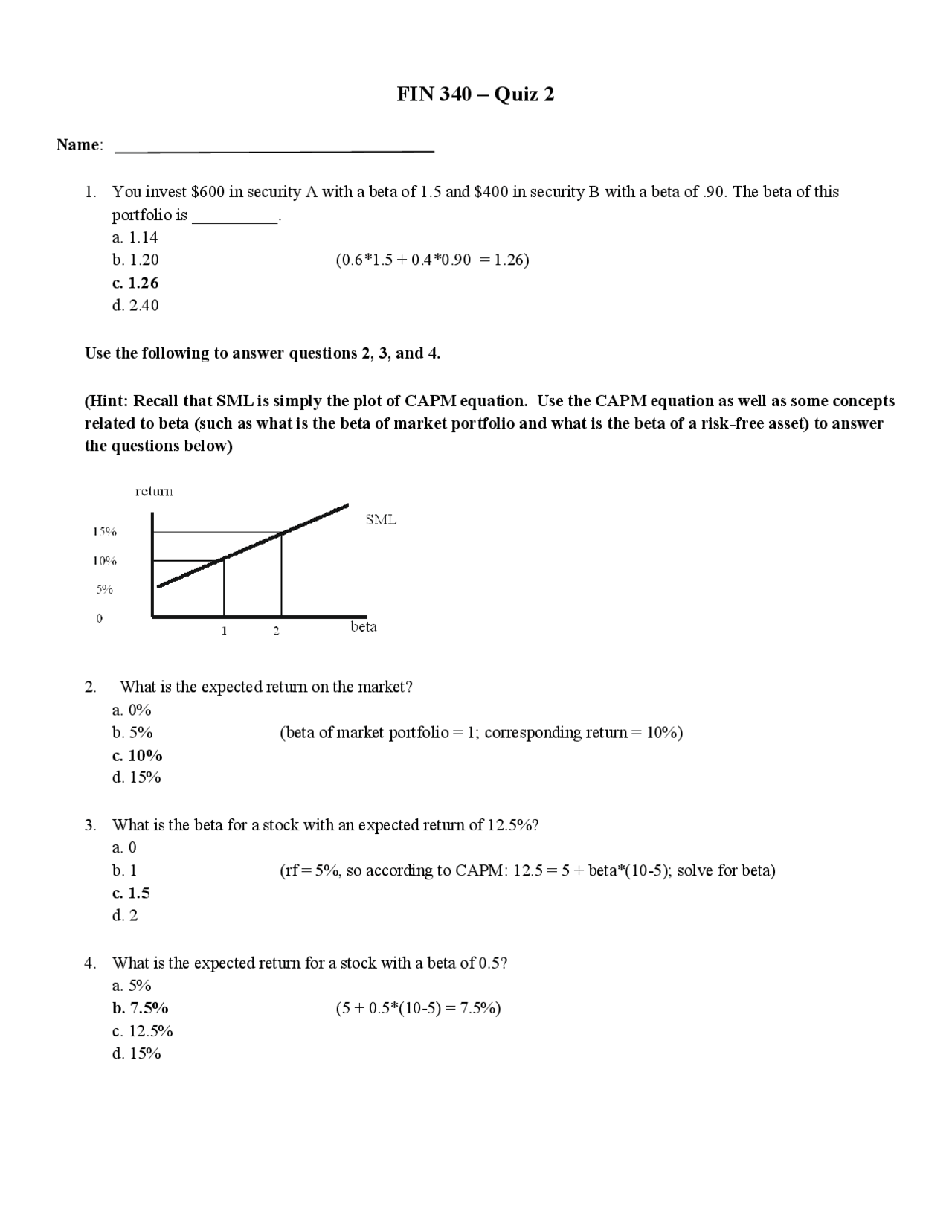 Quiz # 2 - 10 Multiple Choice Questions - Introduction to Investments | FIN 340 | Quizzes ...