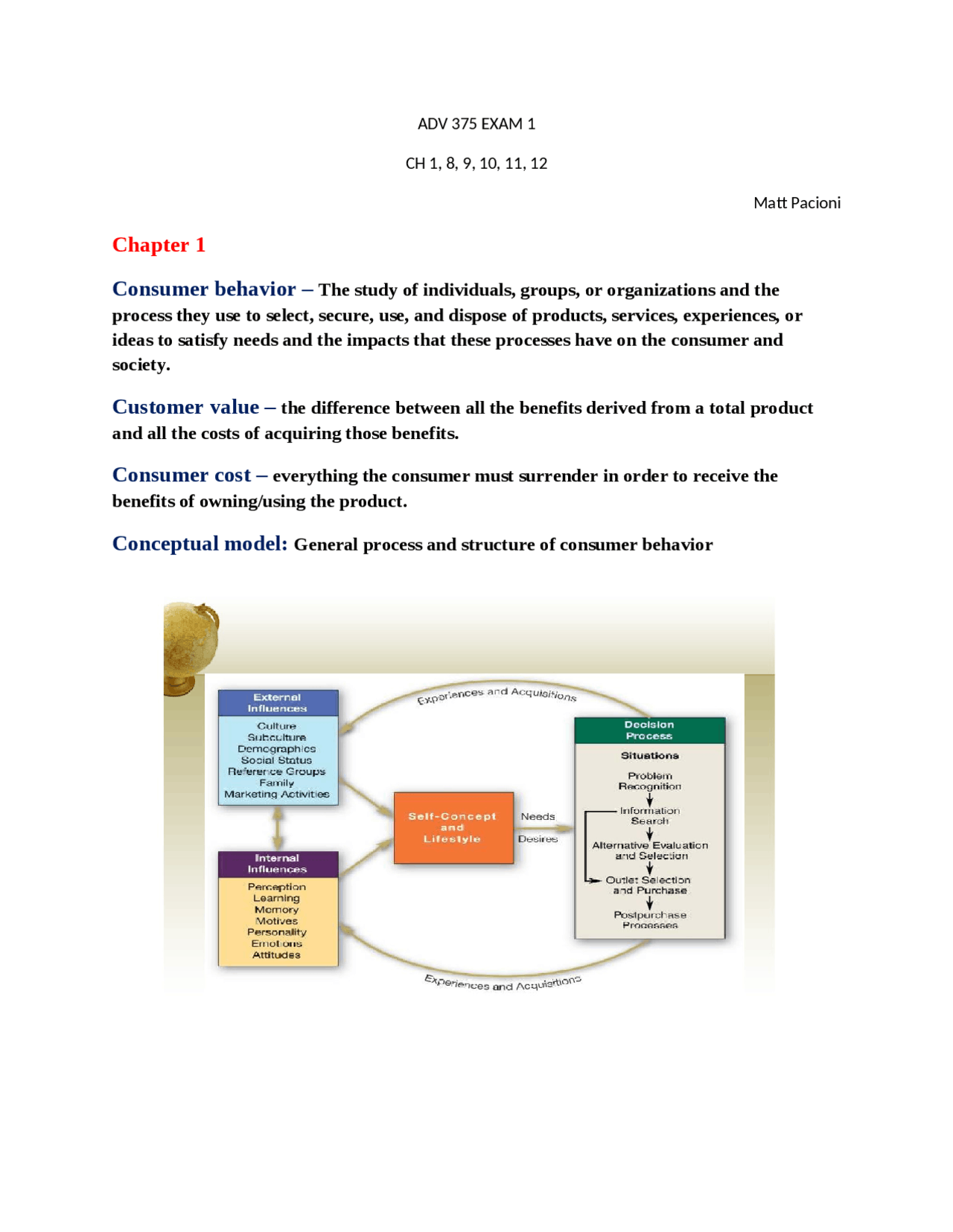 Study Guide for Exam 1 on Consumer Behavior | ADV 375 - Docsity