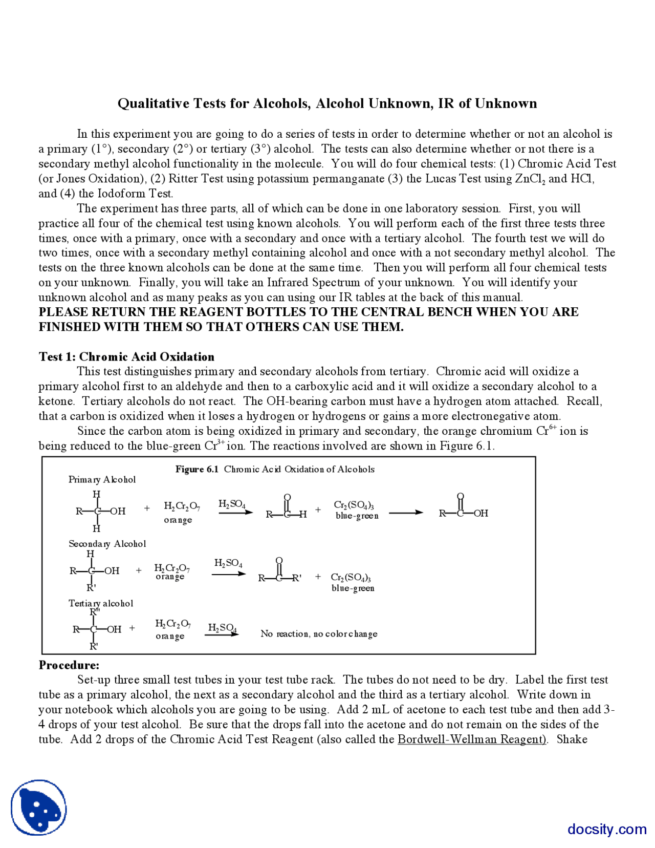 Qualitative Tests for Alcohols Organic Chemistry Lab Manual Study