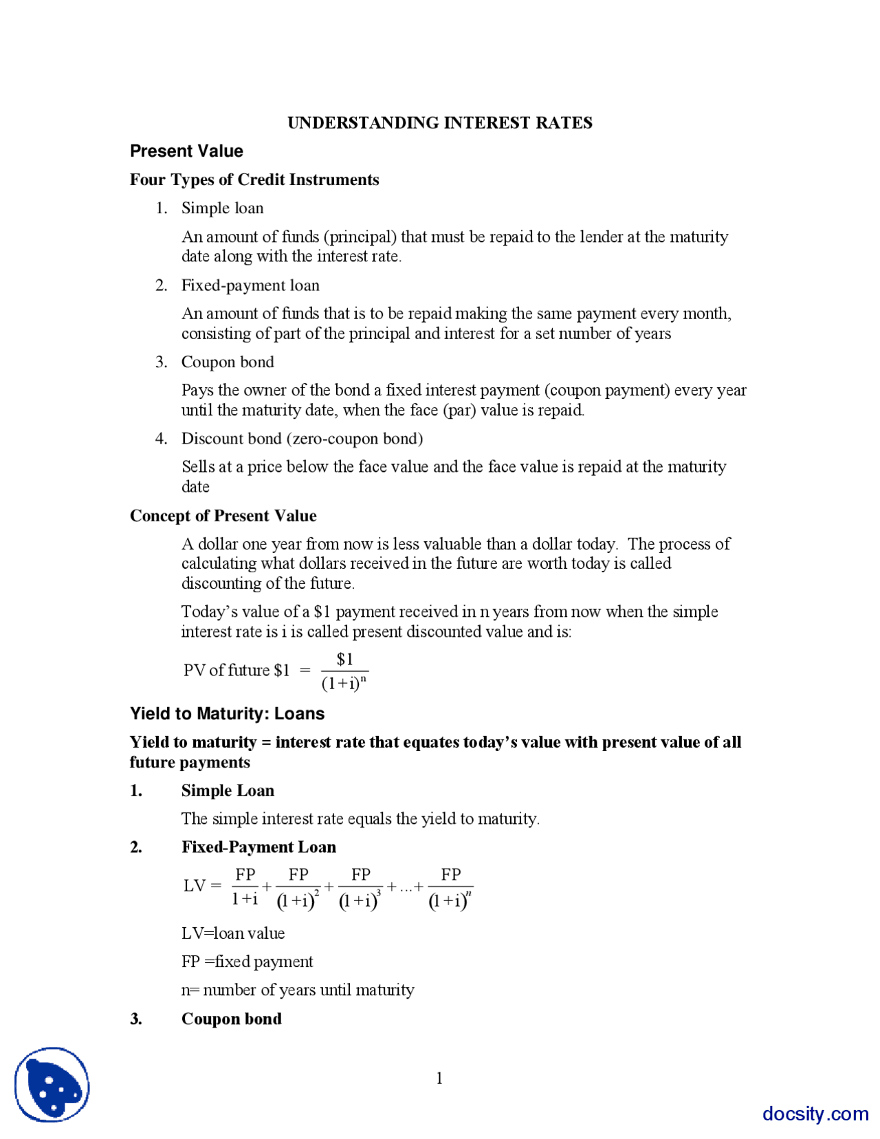 Interest Rates - Money Banking and Financial Markets - Handout - Docsity