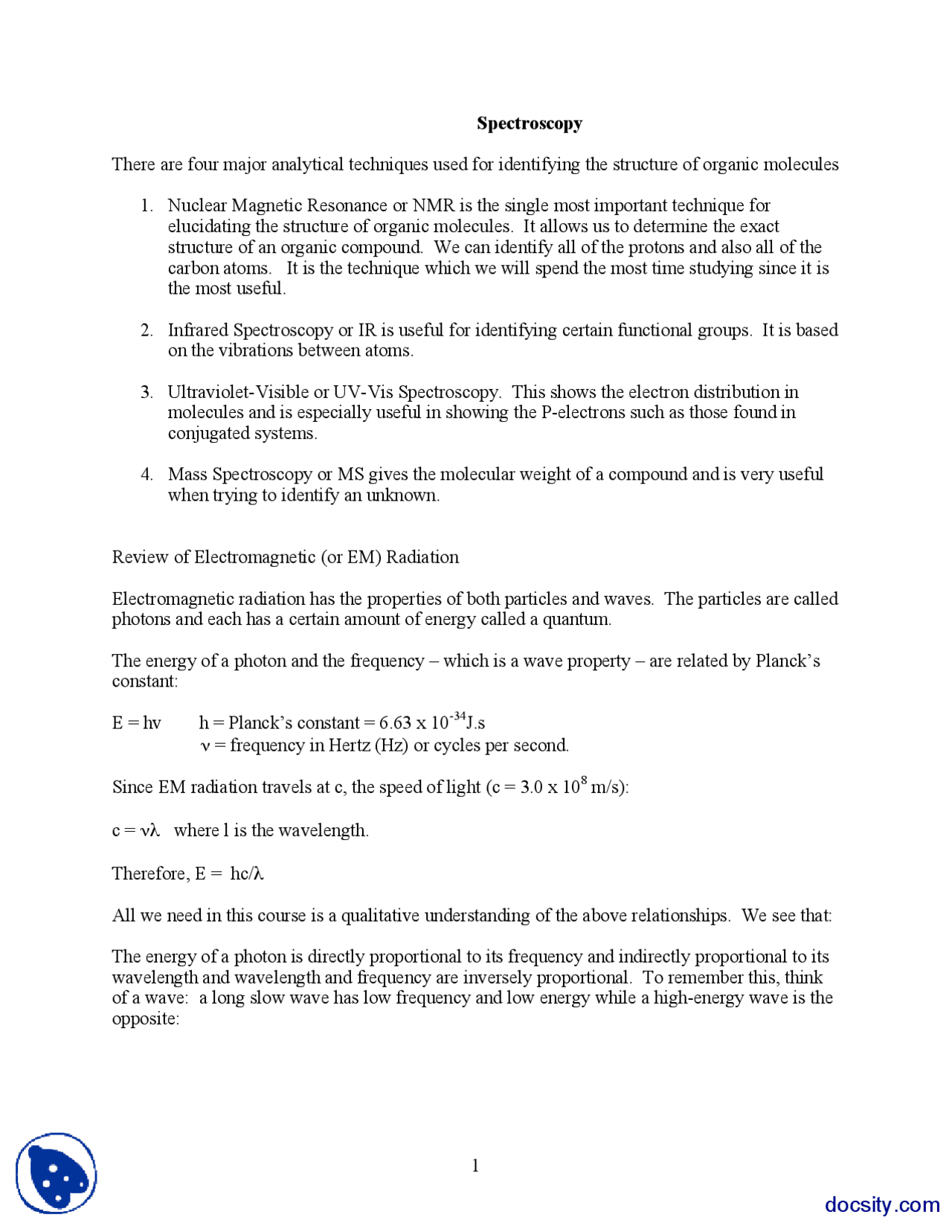 Spectroscopy Organic Chemistry Lecture Notes Study notes Organic