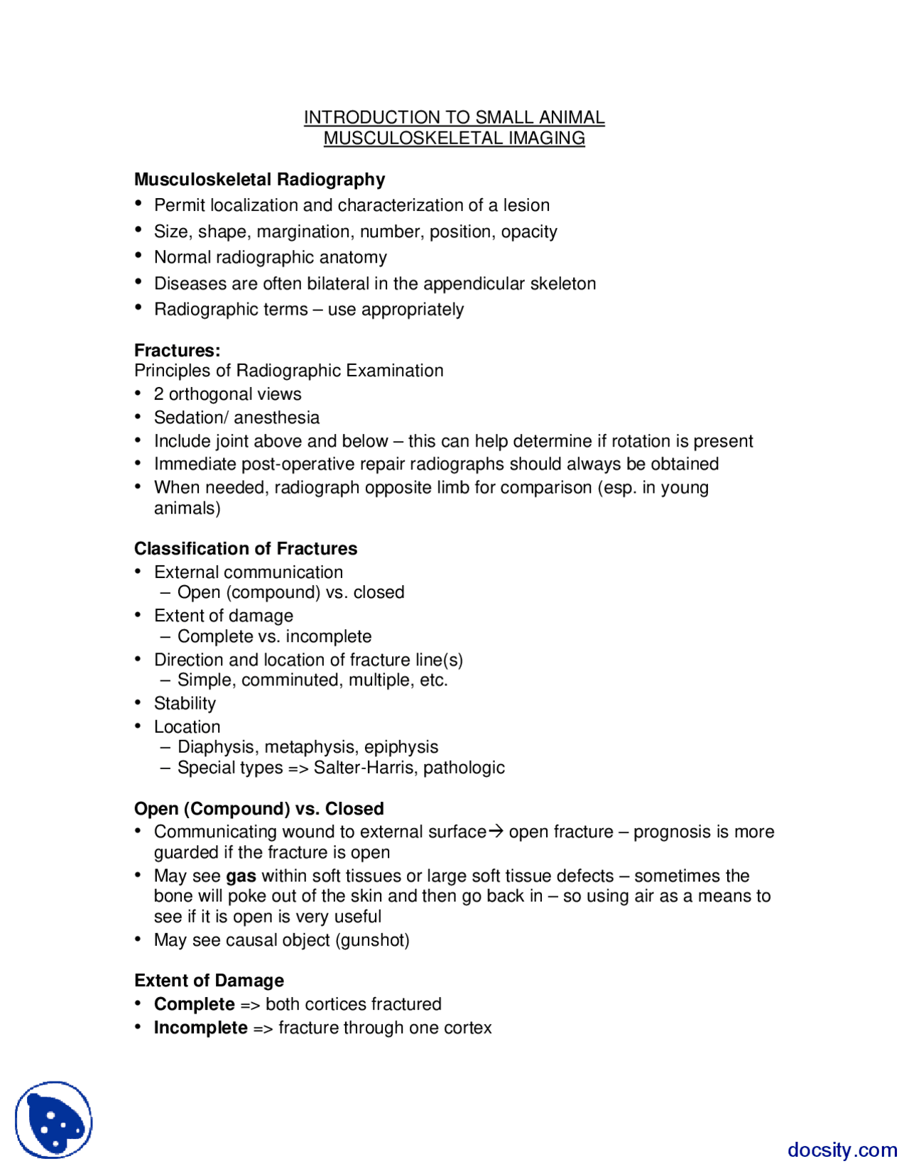 Small Animal - Radiology - Lecture Notes | Study notes Radiology | Docsity