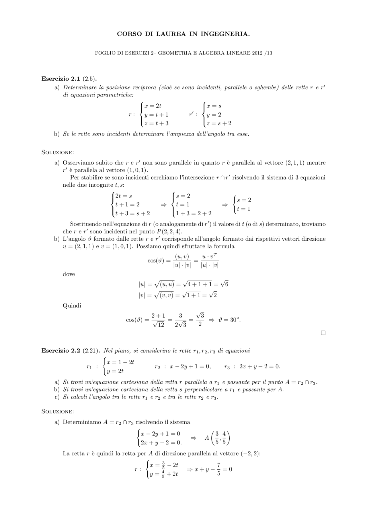 esercizi geometria e algebra lineare