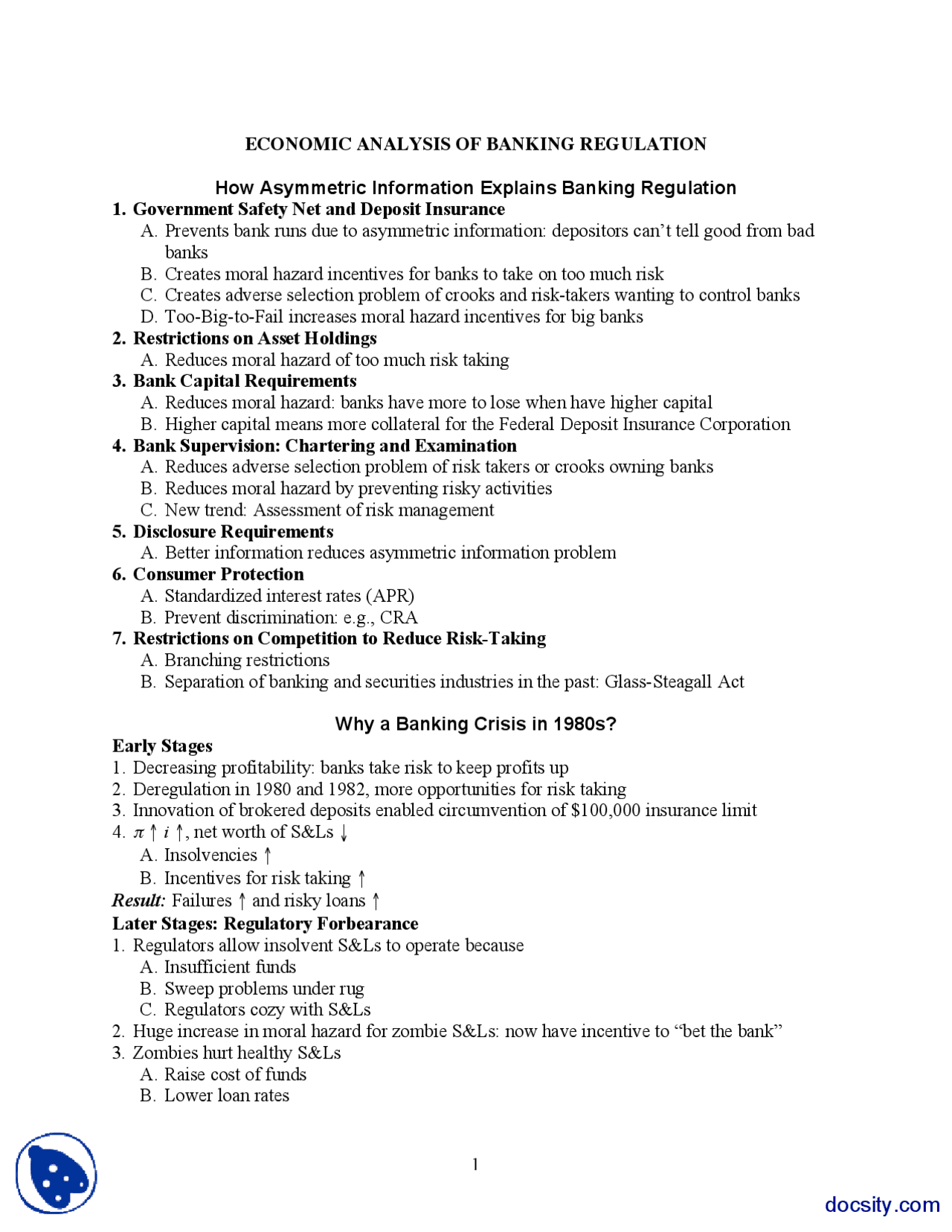 Economic Analysis of Banking Regulation Money Banking and Financial