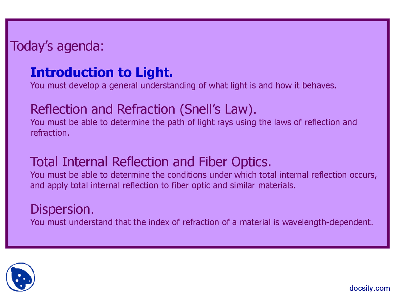 Introduction to Light - Engineering Physics - Lecture Slides - Docsity
