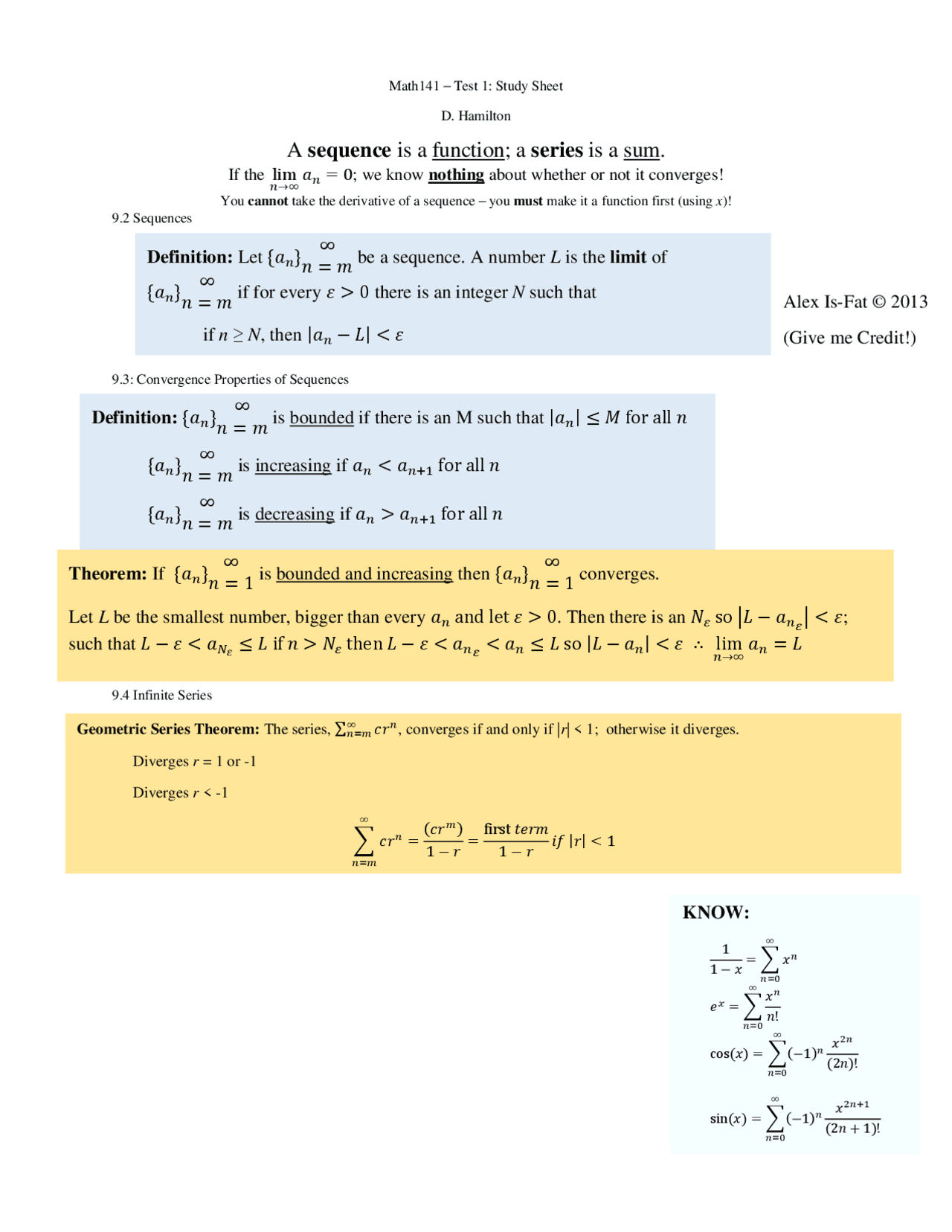 Test 1 Study Sheet - Calculus II | MATH 141 - Docsity