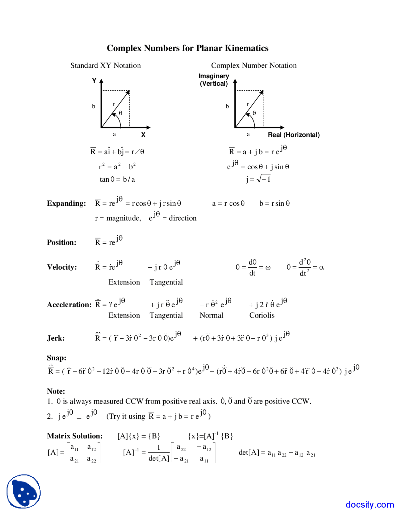 Complex Planar Motion Example Complex Numbers for Planar Kinematics: Helpful Formulas - Docsity