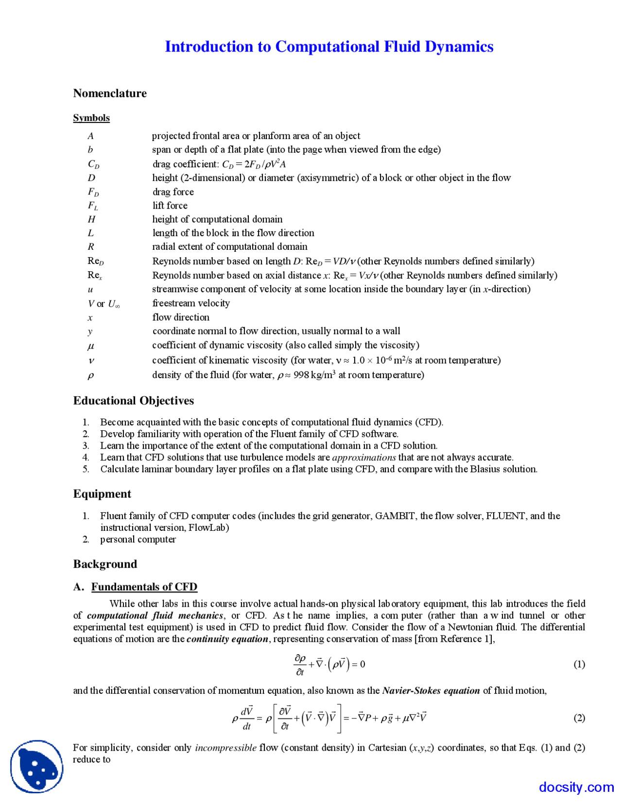 Computational Fluid Dynamics - Fluid Flow - Lab Manual | Study notes ...