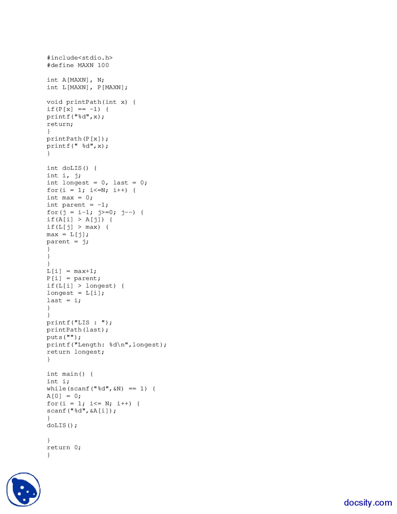 Longest Increasing Subsequence - C plus plus Code - Docsity