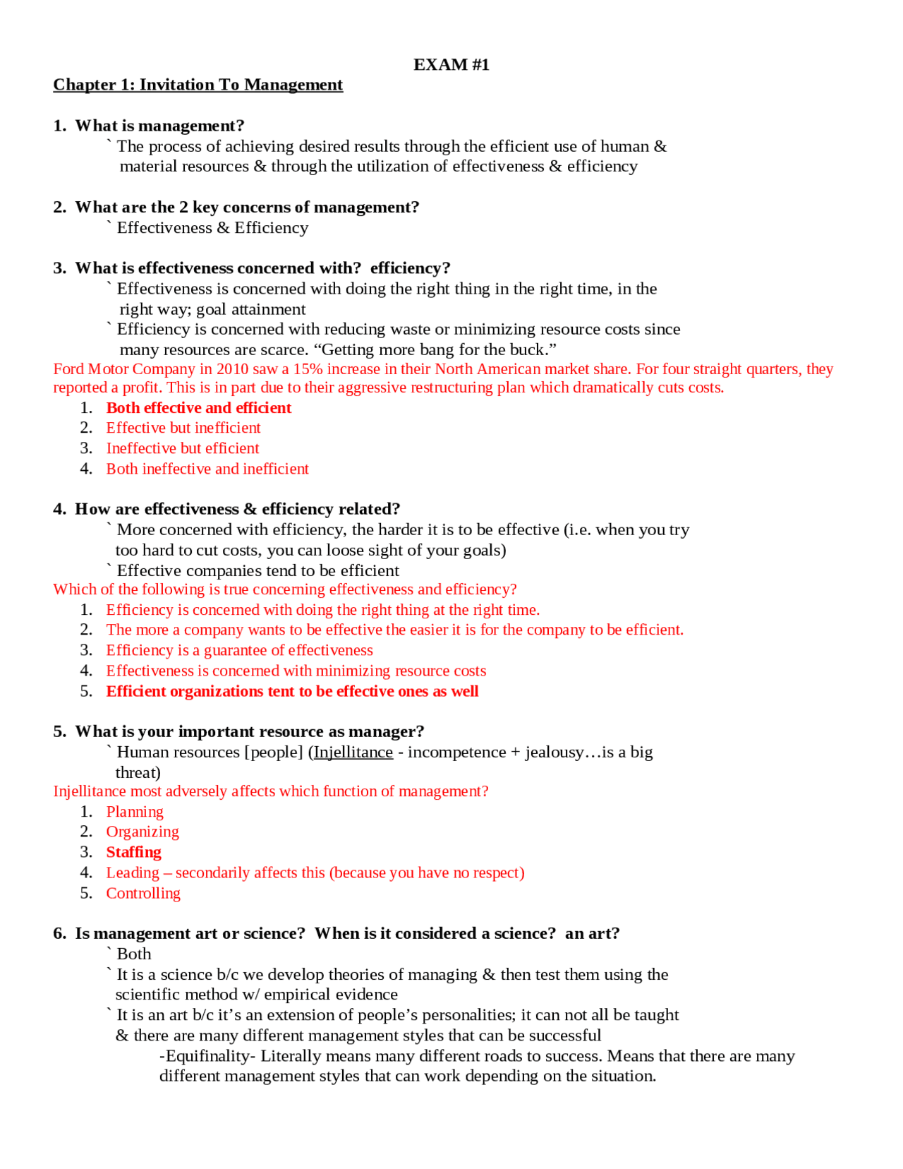 Study Guide Exam 1 - Principles of Management | MGT 3200 - Docsity
