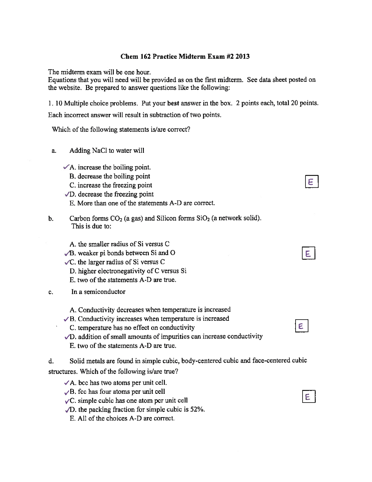 9 Solved Problems on Heinekey Practice Midterm 2 | CHEM 162 - Docsity