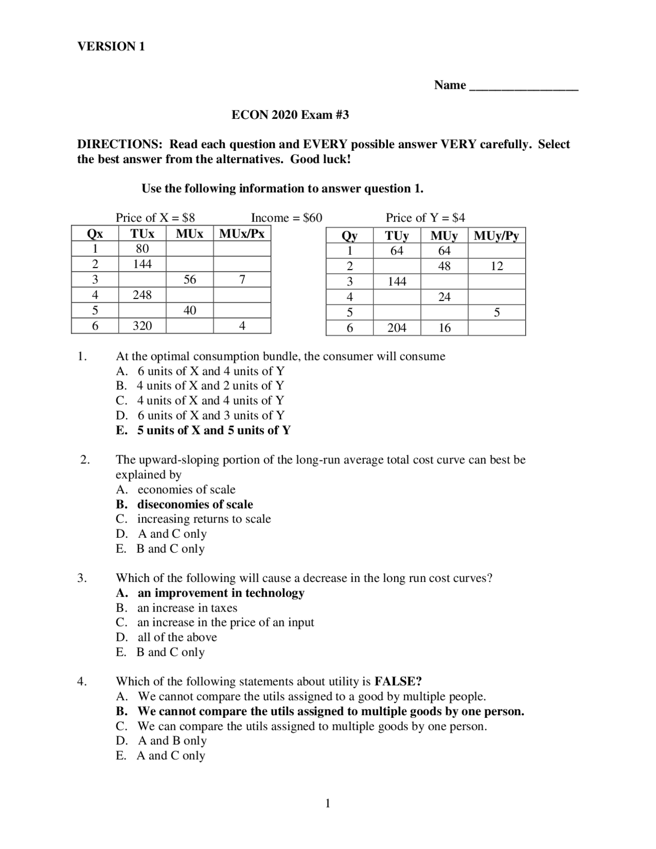 Examination 3 with Answers - Principles of Microeconomics | ECON 2020 ...