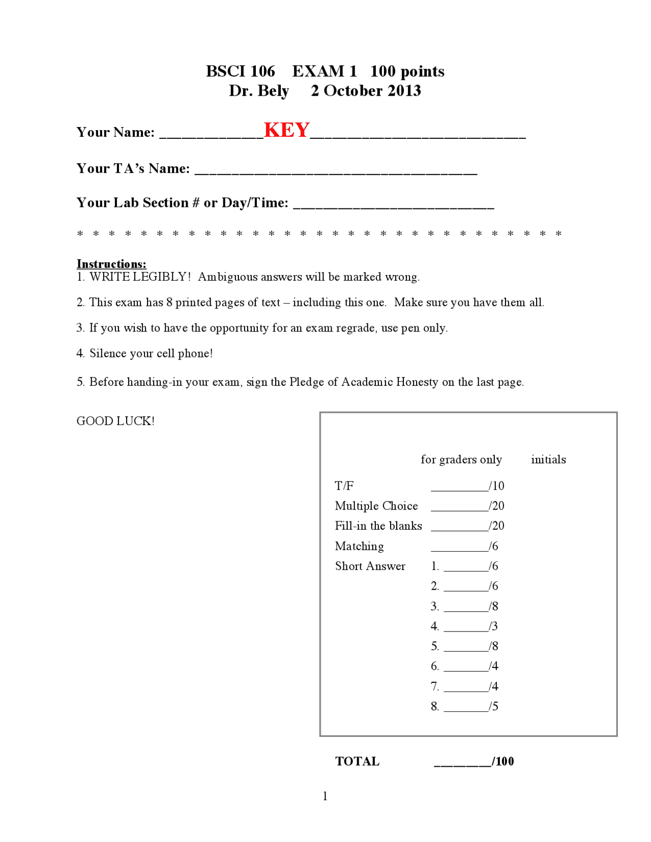 Practice Exam 1 Solutions - Principles of Biology II | BSCI 106 - Docsity