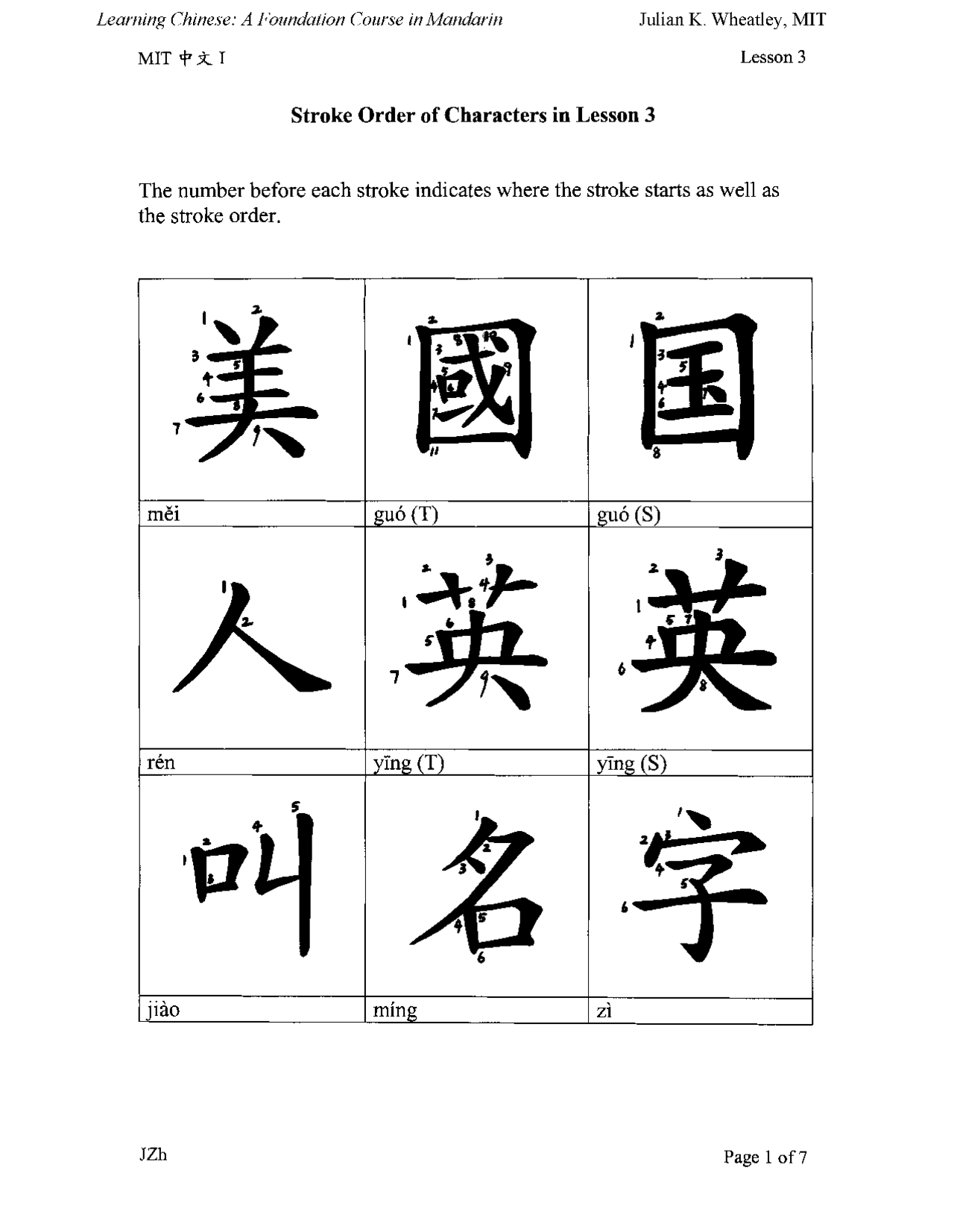 Stroke Order Lesson 3 - Chinese - Lecture Notes - Docsity