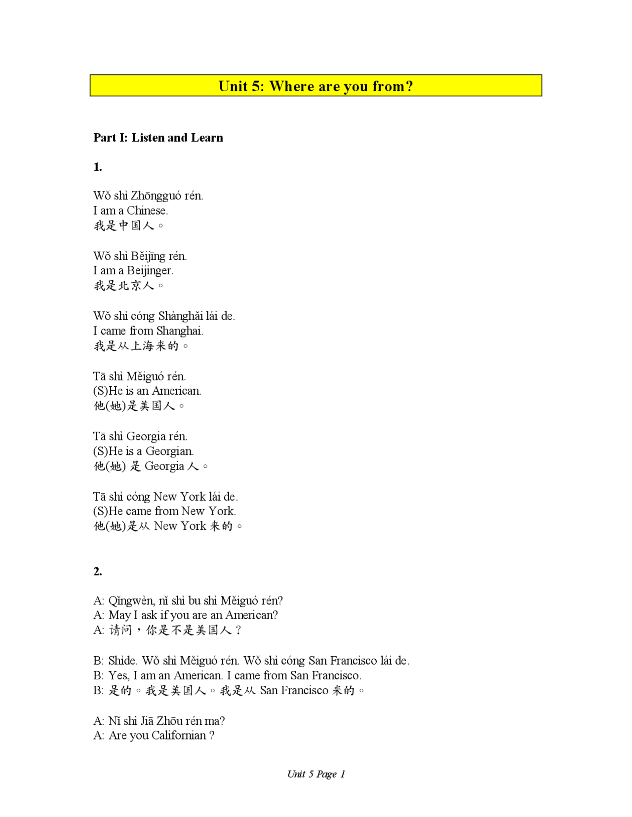 Utterances and Notes - Conversational Mandarin Chinese - Lecture Notes ...