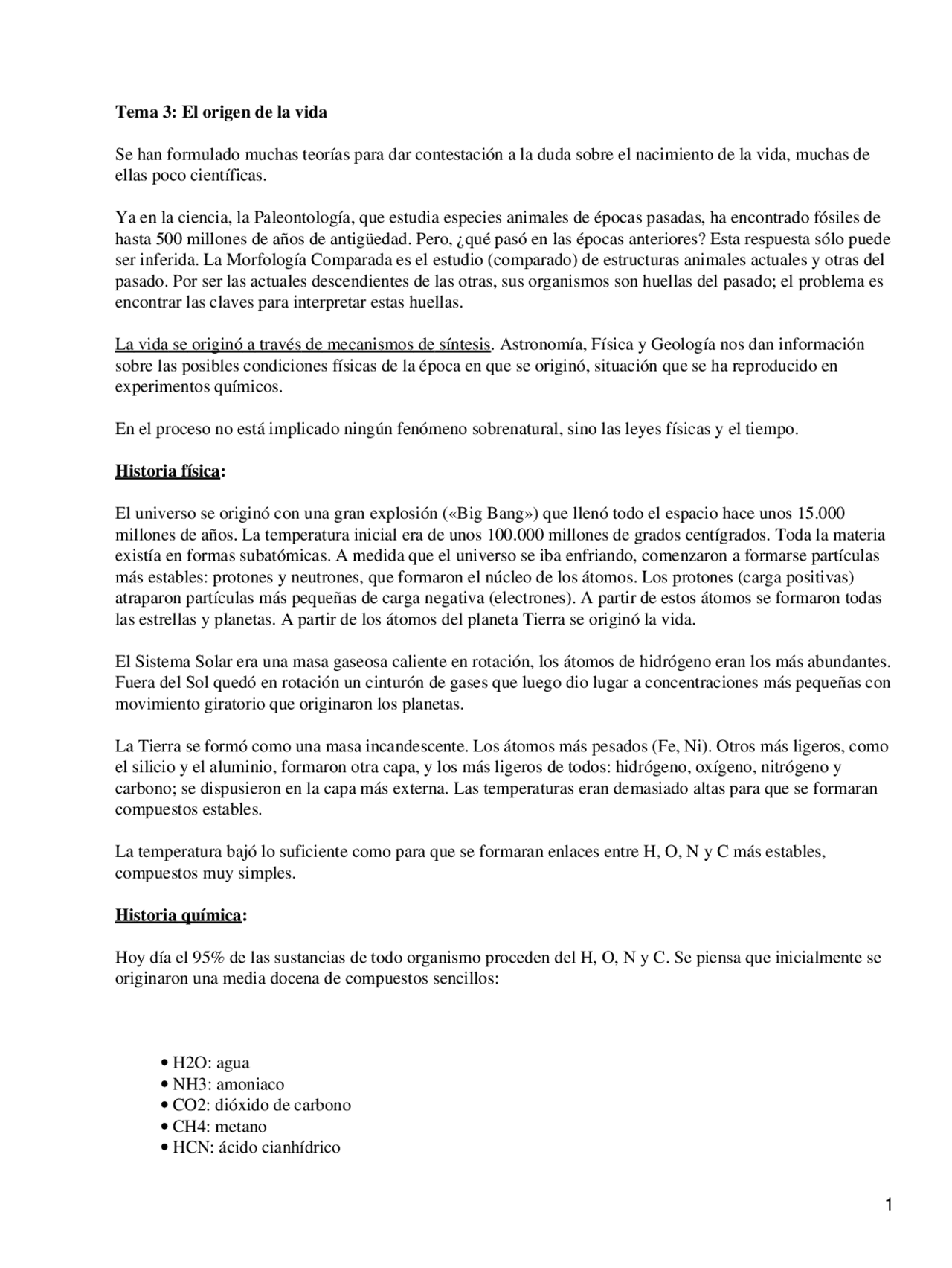 Apuntes sobre el Origen de la vida - Docsity