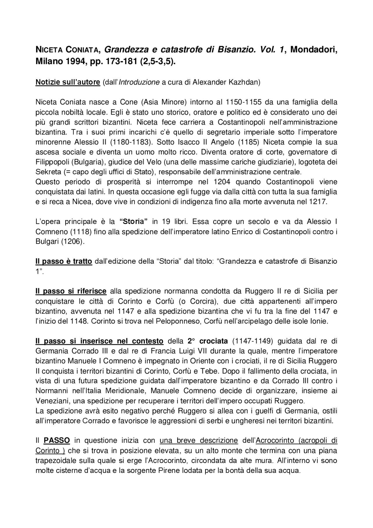 Niceta Coniata Lezione universitaria di storia bizantina Docsity