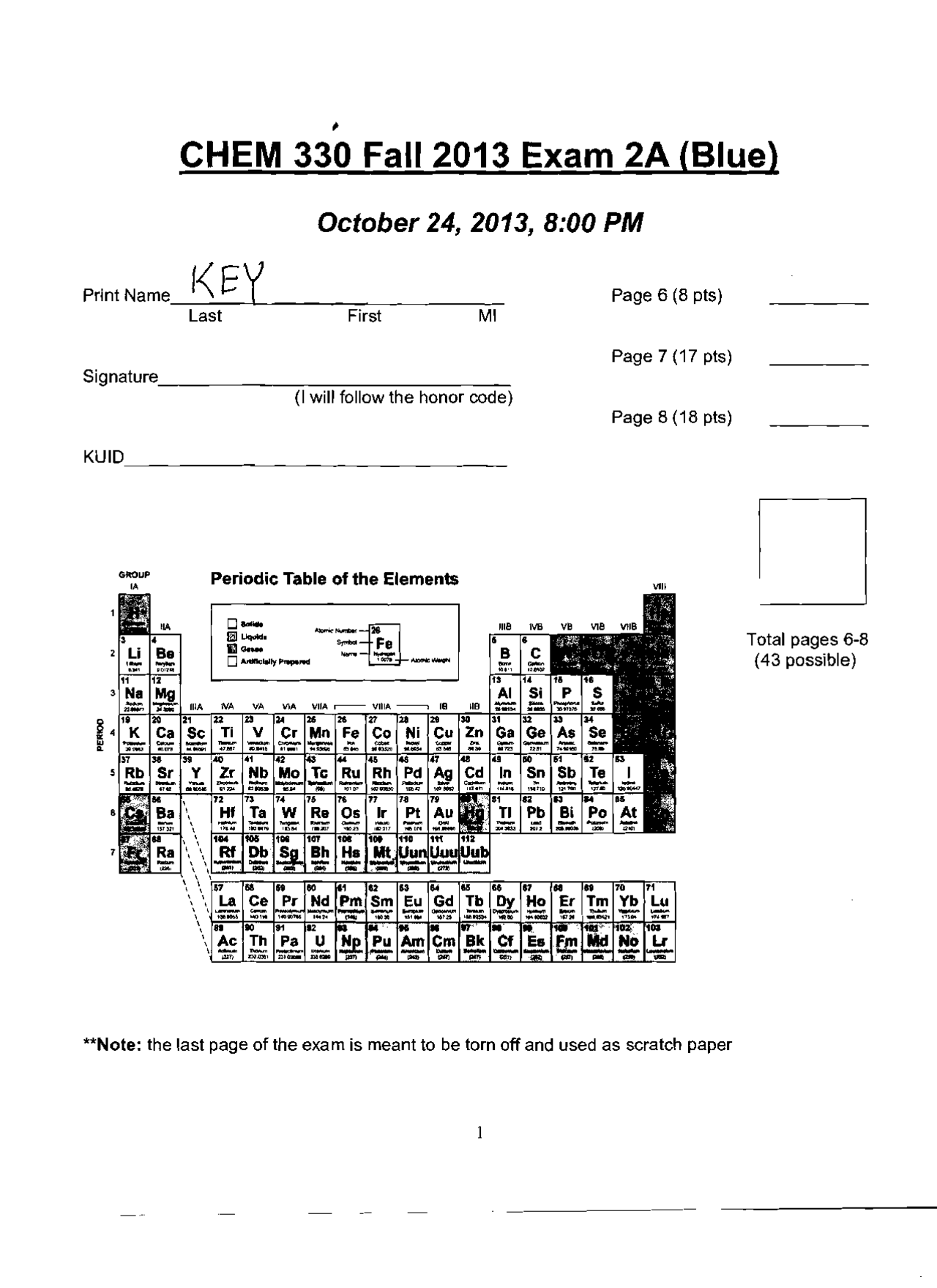 Exam 2A with Answer Key - Organic Chemistry I | CHEM 624 - Docsity