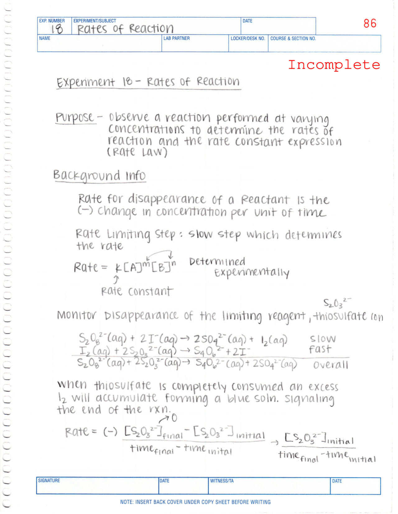 Rates of Reaction Lab Experiment General Chemistry CHEM 1212