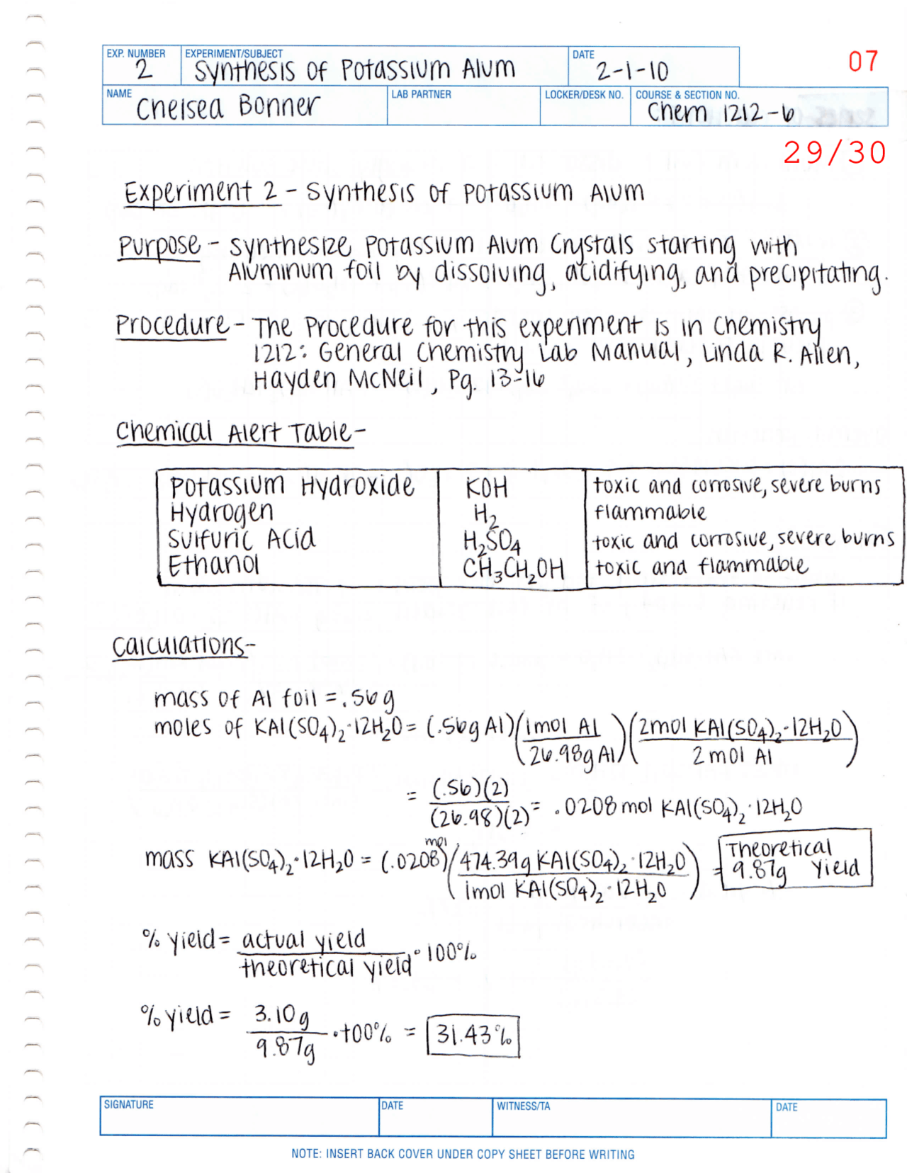 Lab Notebook Experiment 2 for General Chemistry Lab CHEM 1212 Docsity