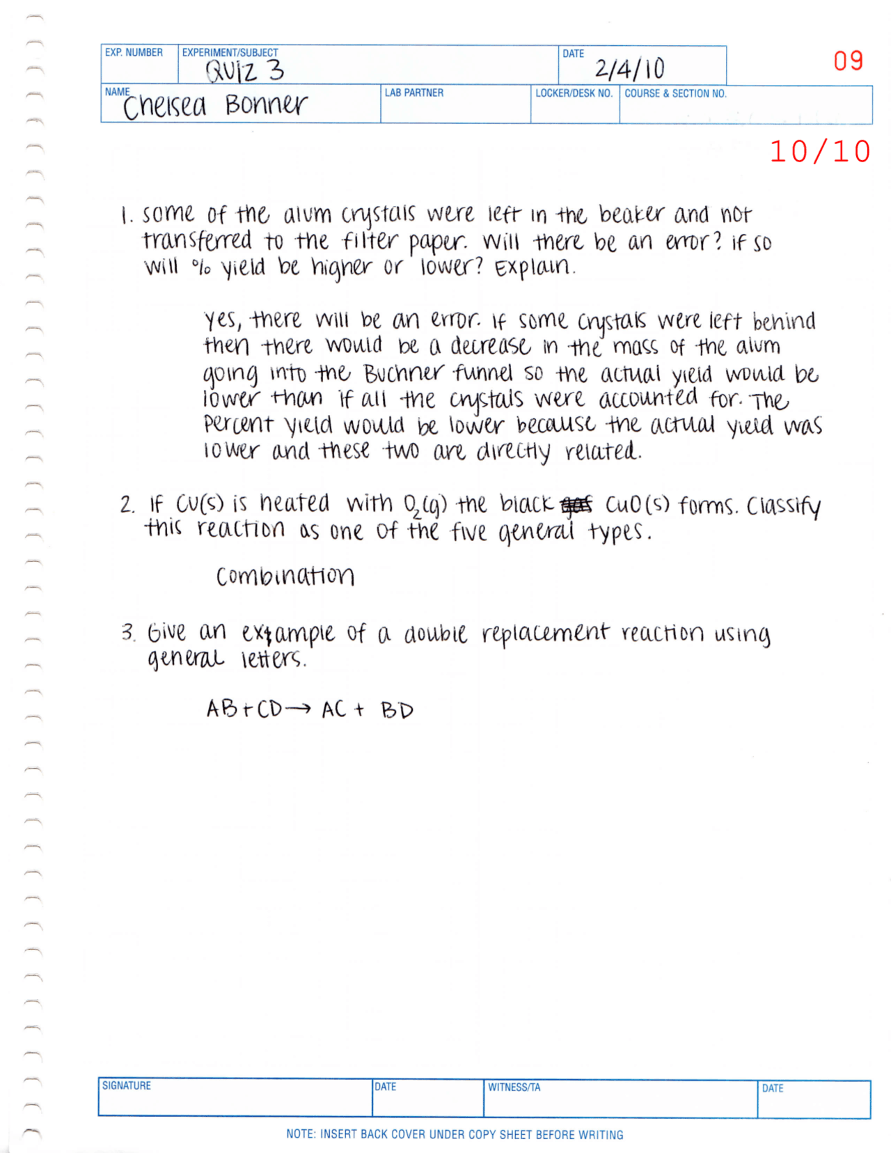 Handwritten Quiz 3 General Chemistry Lab CHEM 1212 Docsity