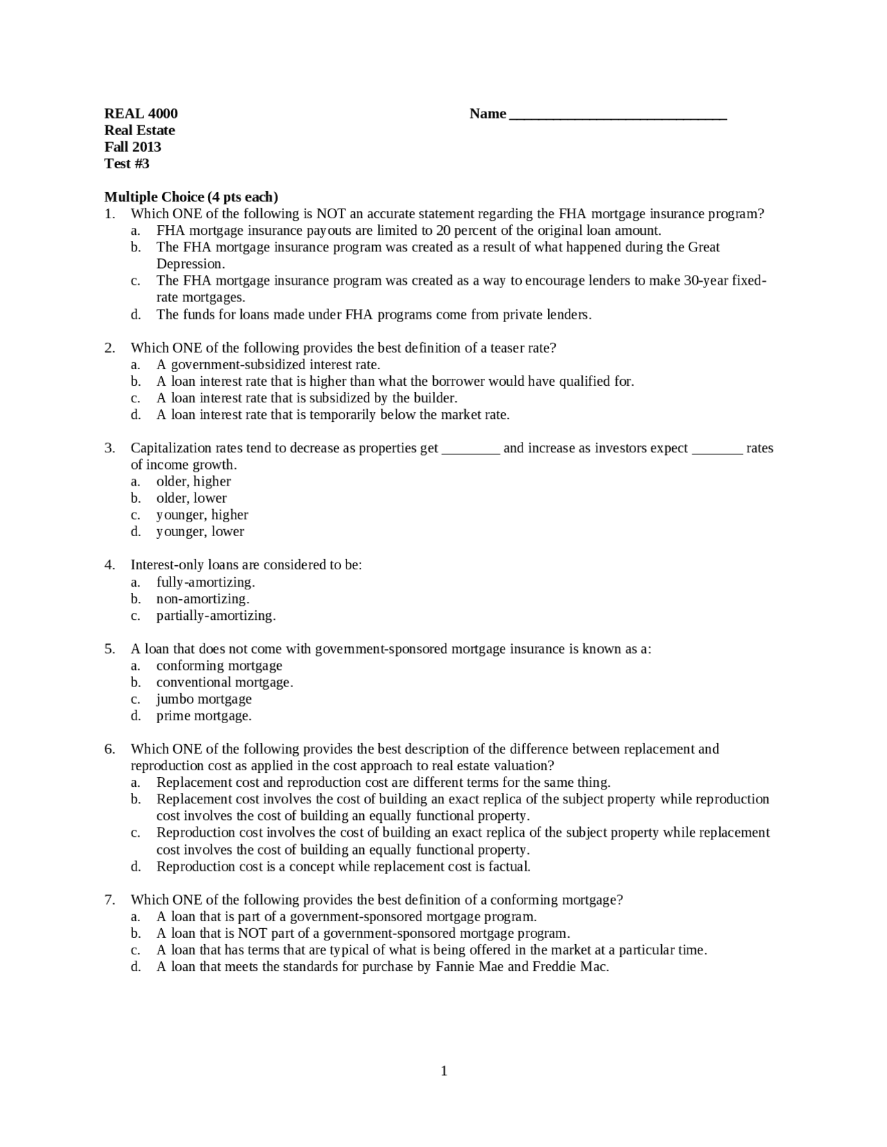 25 Multiple Choice Questions on Capitalization - Exam 3 | REAL 4000 ...
