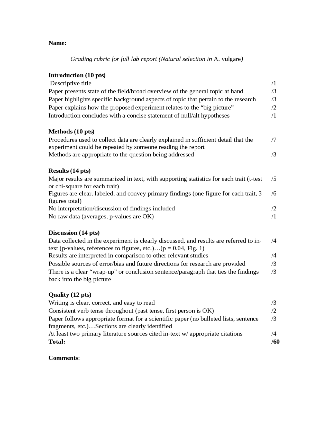 Rubric for Lab Reports General Biology Lab BIOL 1111 Docsity