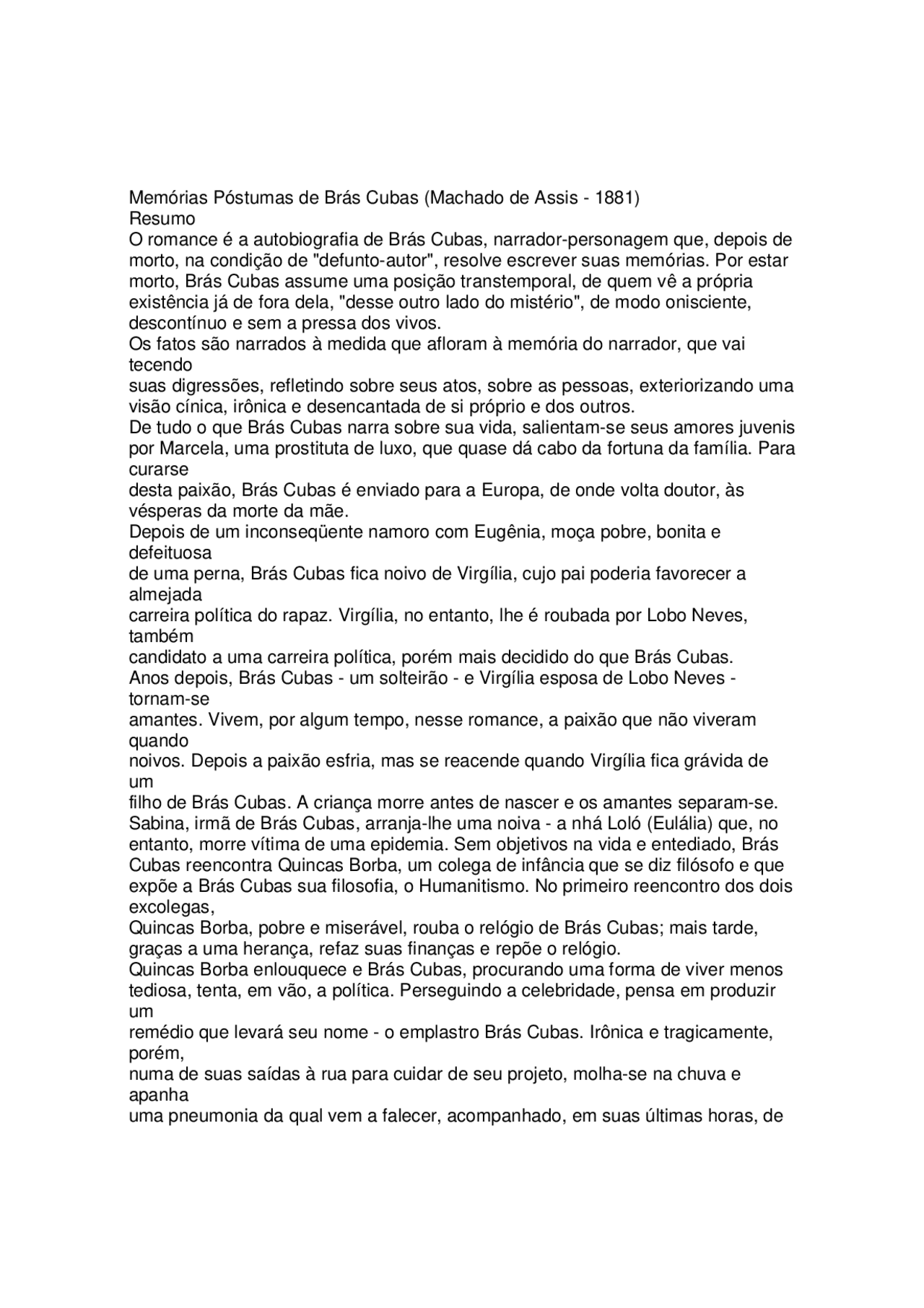 Memórias Póstumas de Brás Cubas Notas de estudo Literatura Docsity