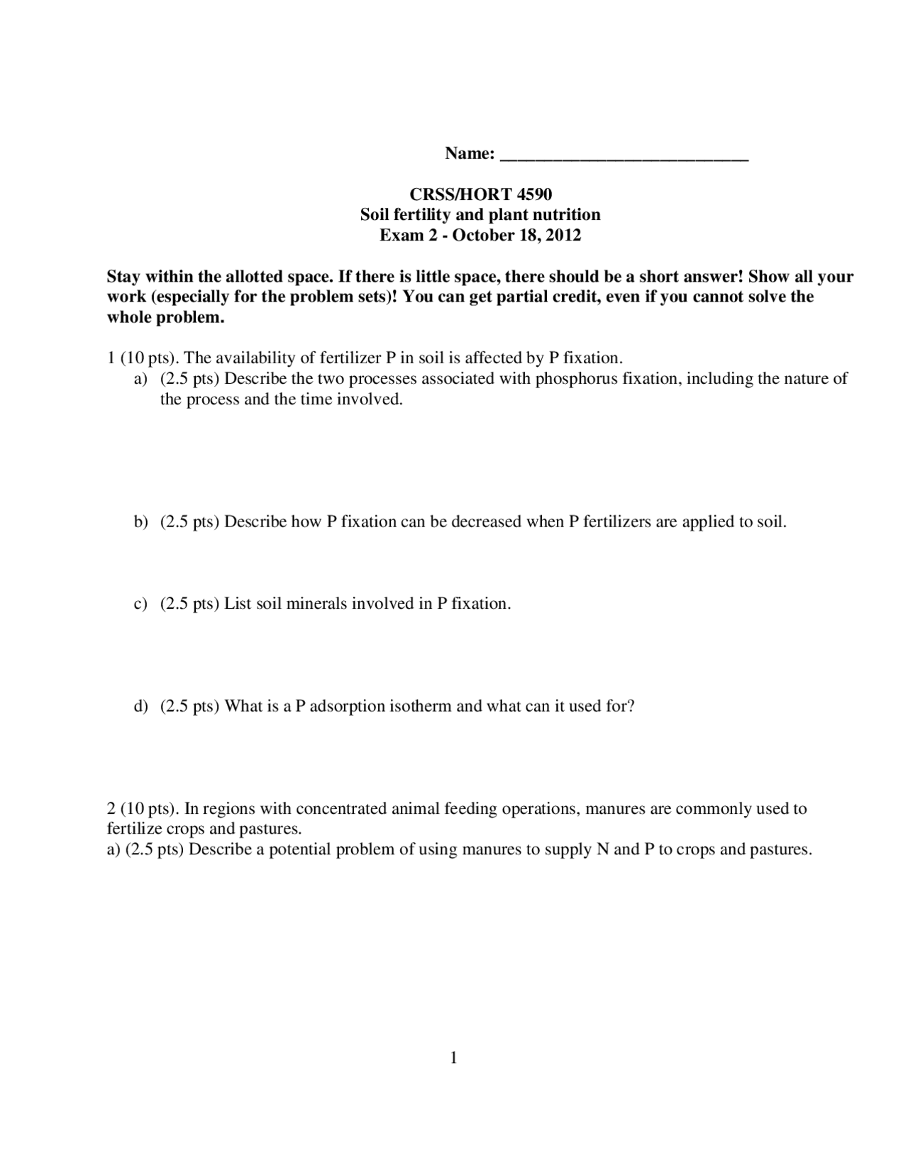 Solution for Exam 2 Questions - Soil Fertility and Plant Nutrition ...