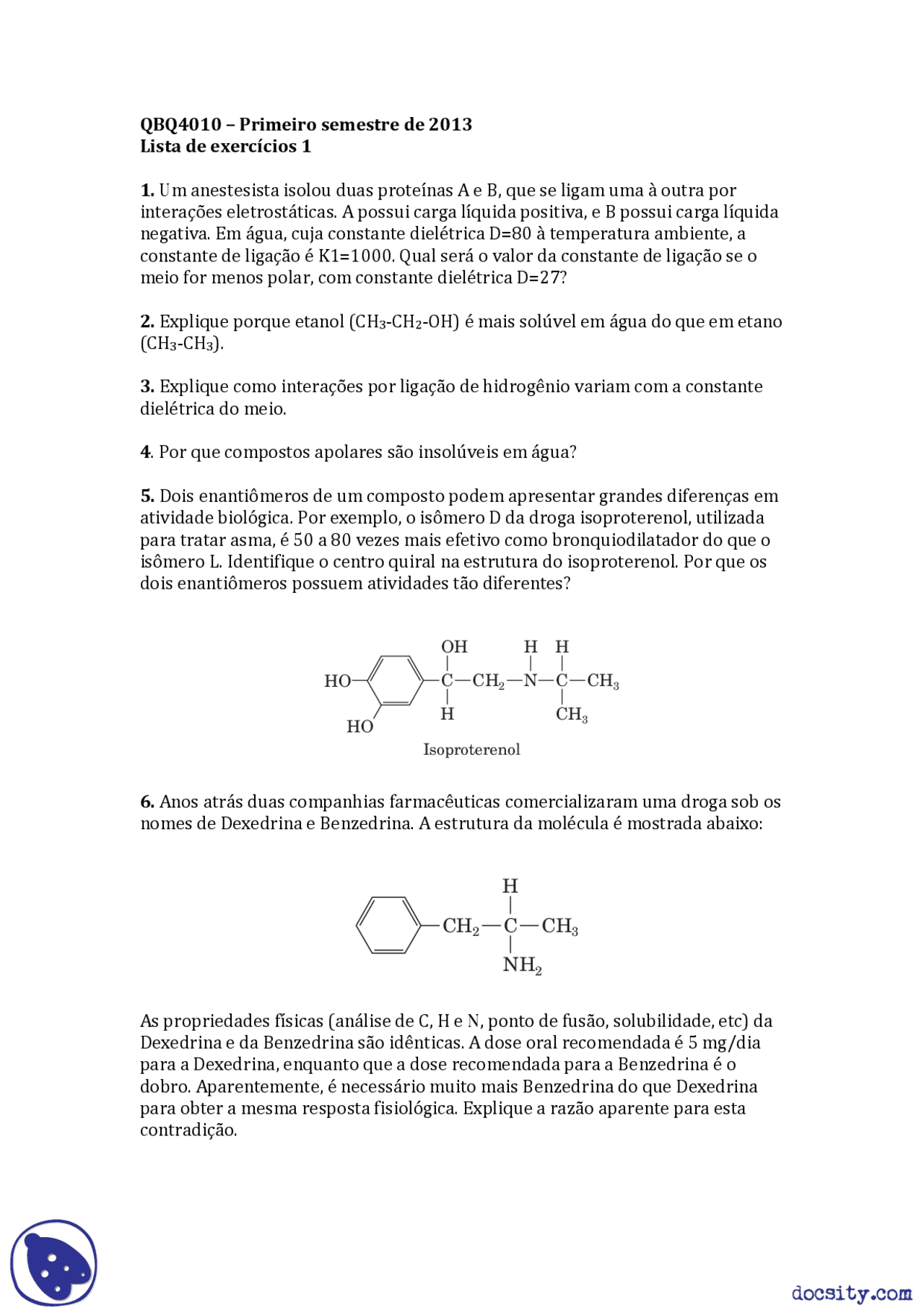 Listas De Problemas De Bioquimica 13 Docsity